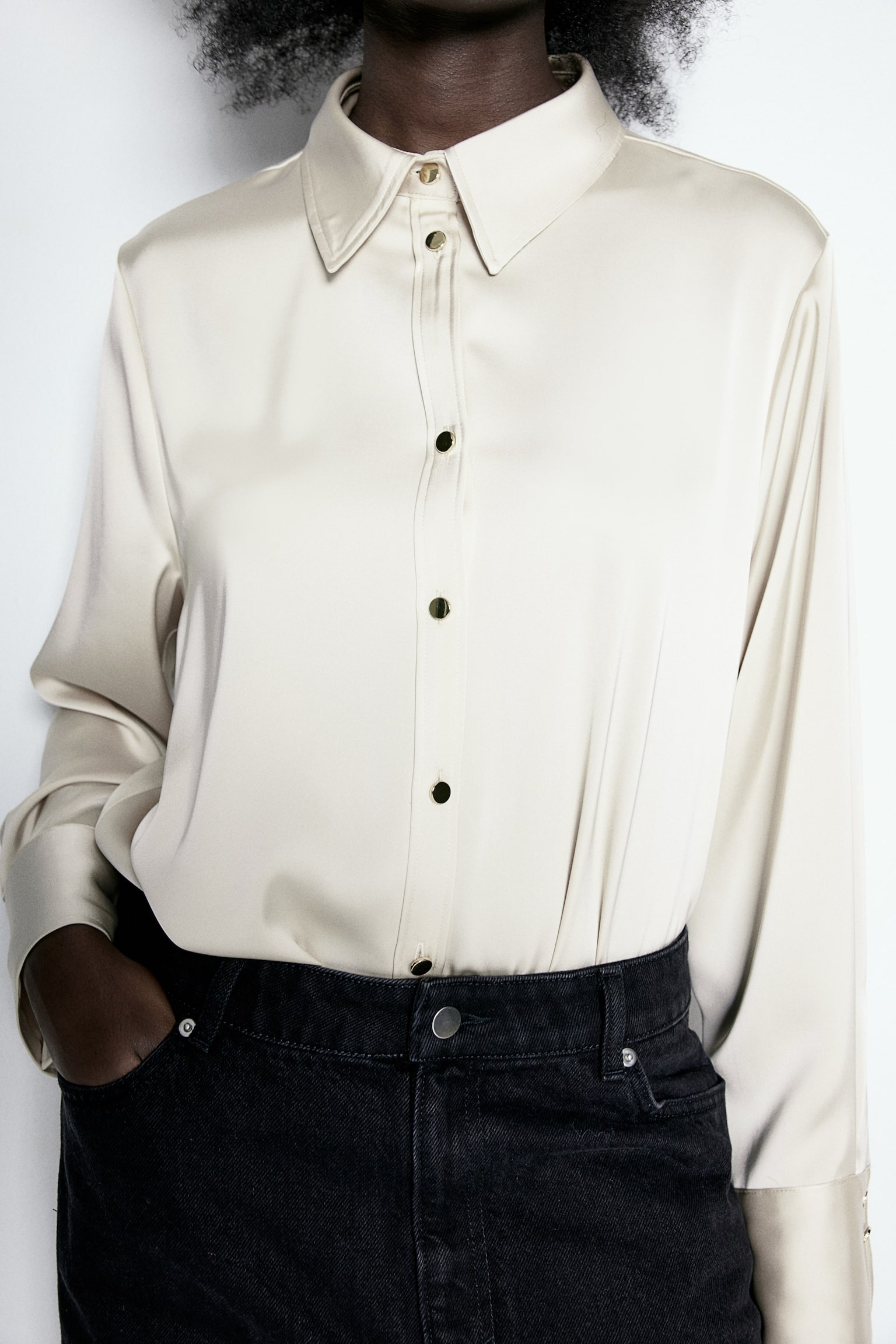 Satin shirt - Light beige/Black/Navy blue - 7