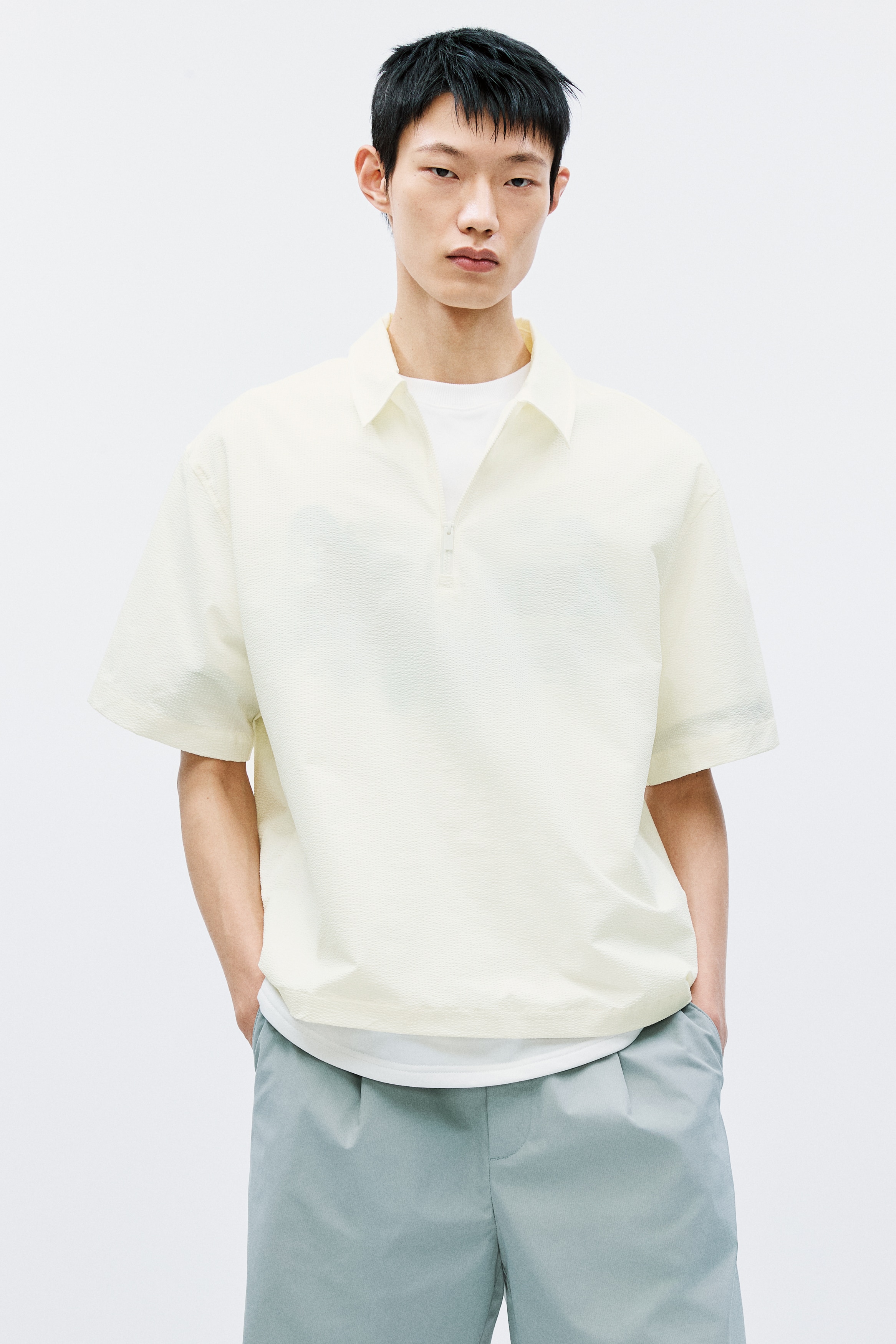 ルーズフィット ハーフジップシアサッカーポロシャツ - クリーム - Men