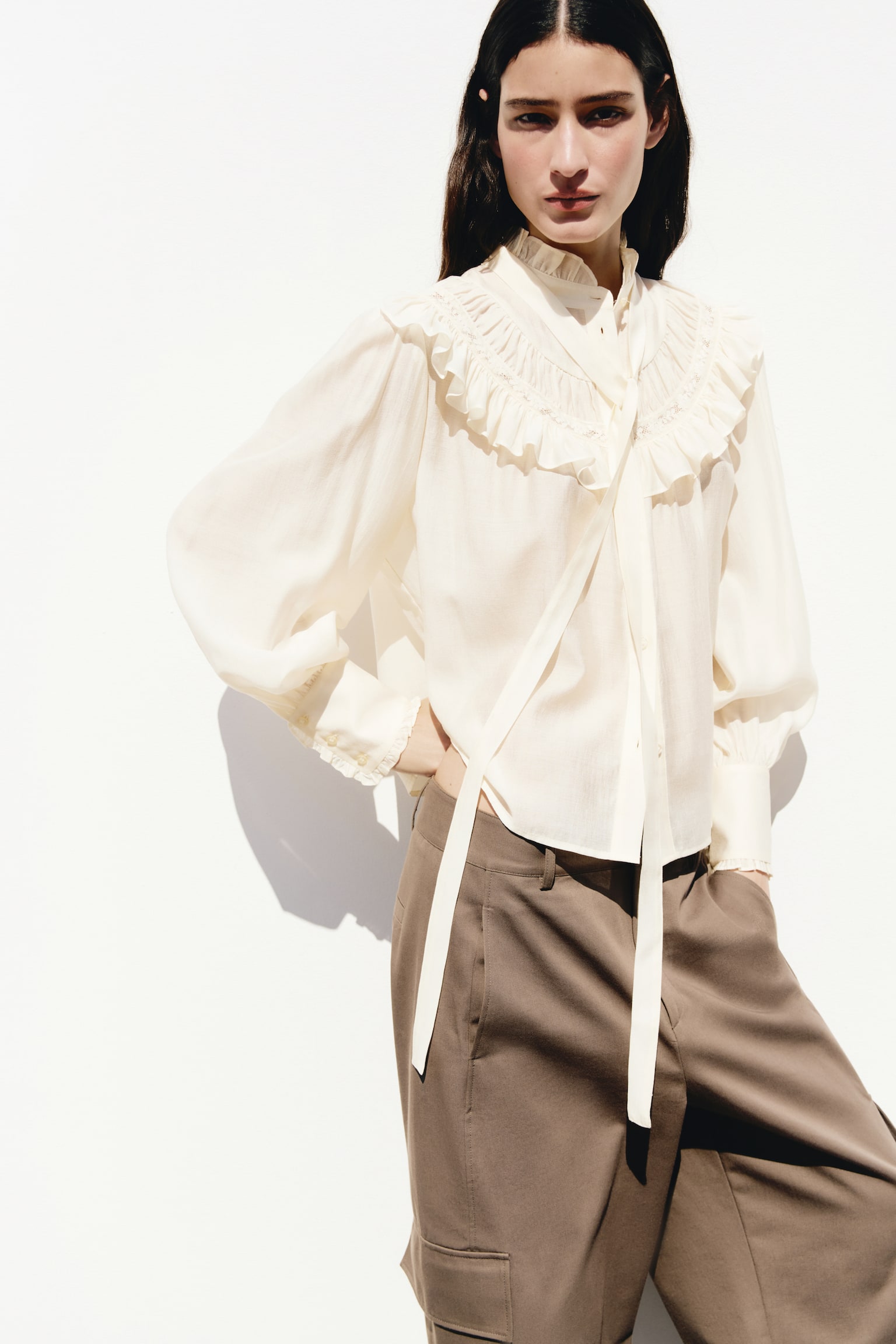 Frill-trimmed tie-neck blouse - Cream - 1