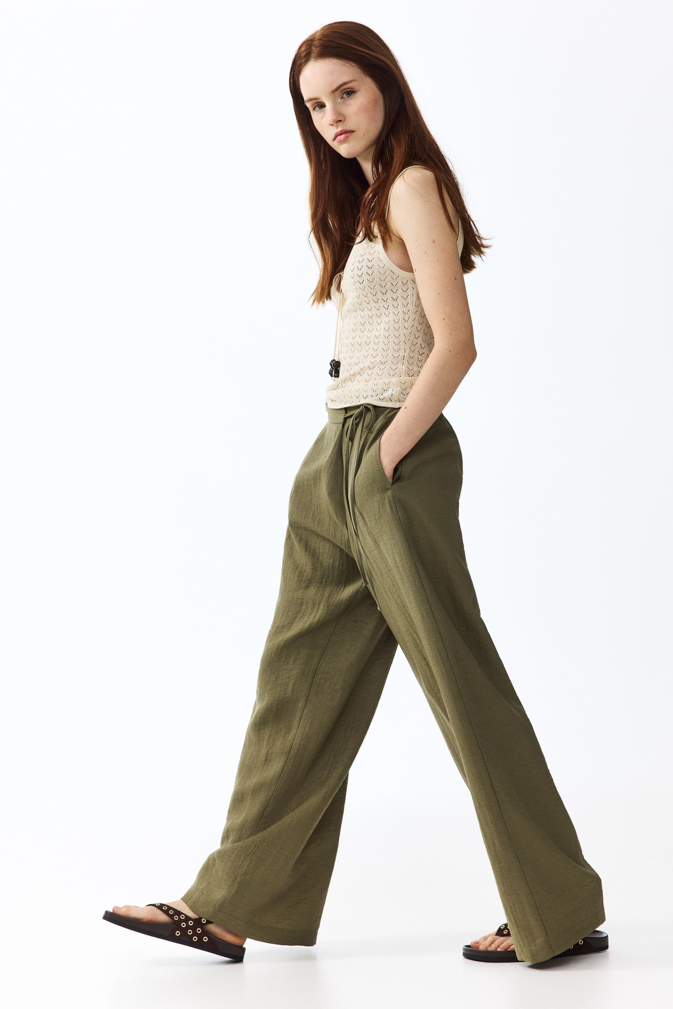 Linen-Blend Wrapover Pants