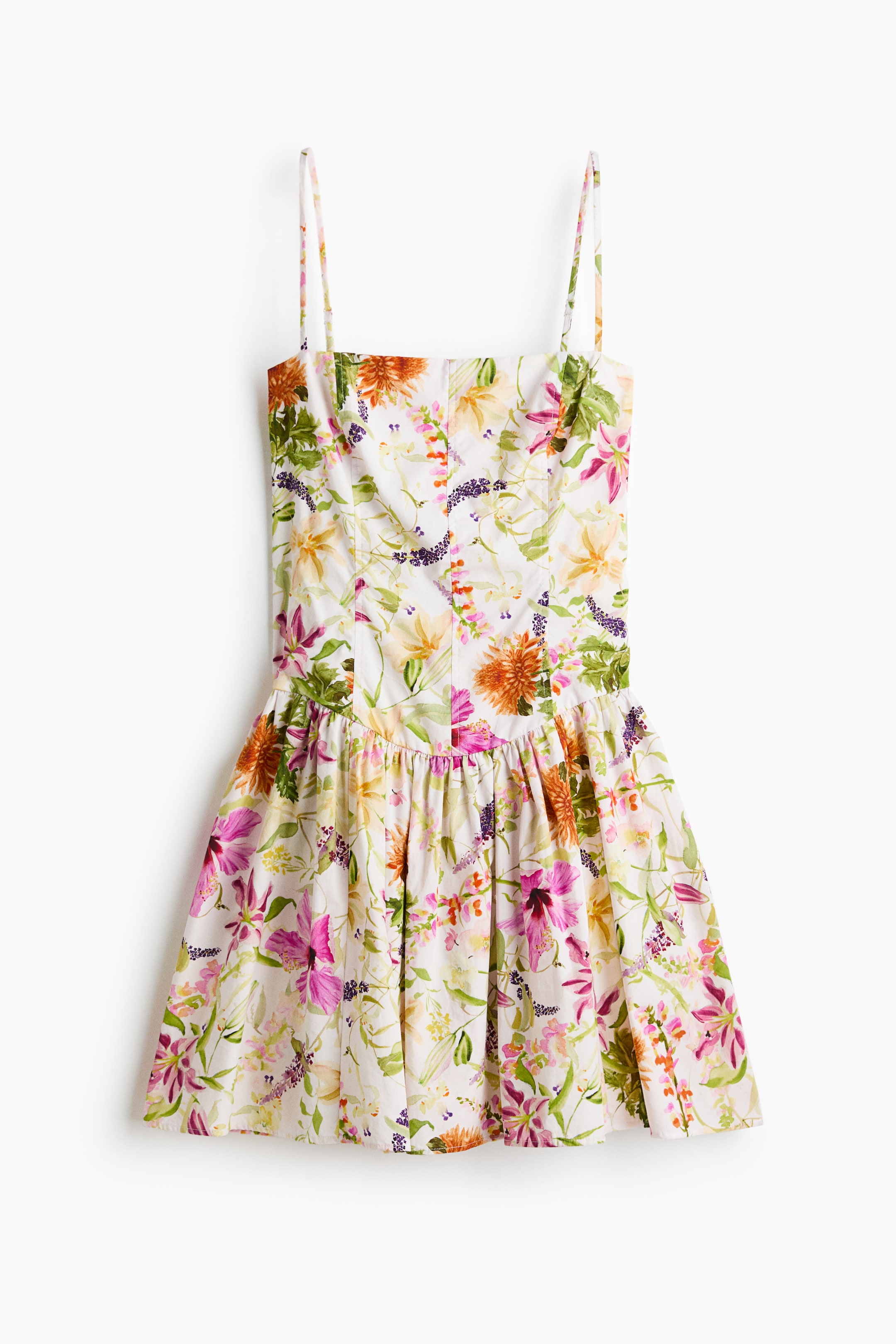 Women's White/floral Cotton Strappy Dress with Flared Skirt | H&M US