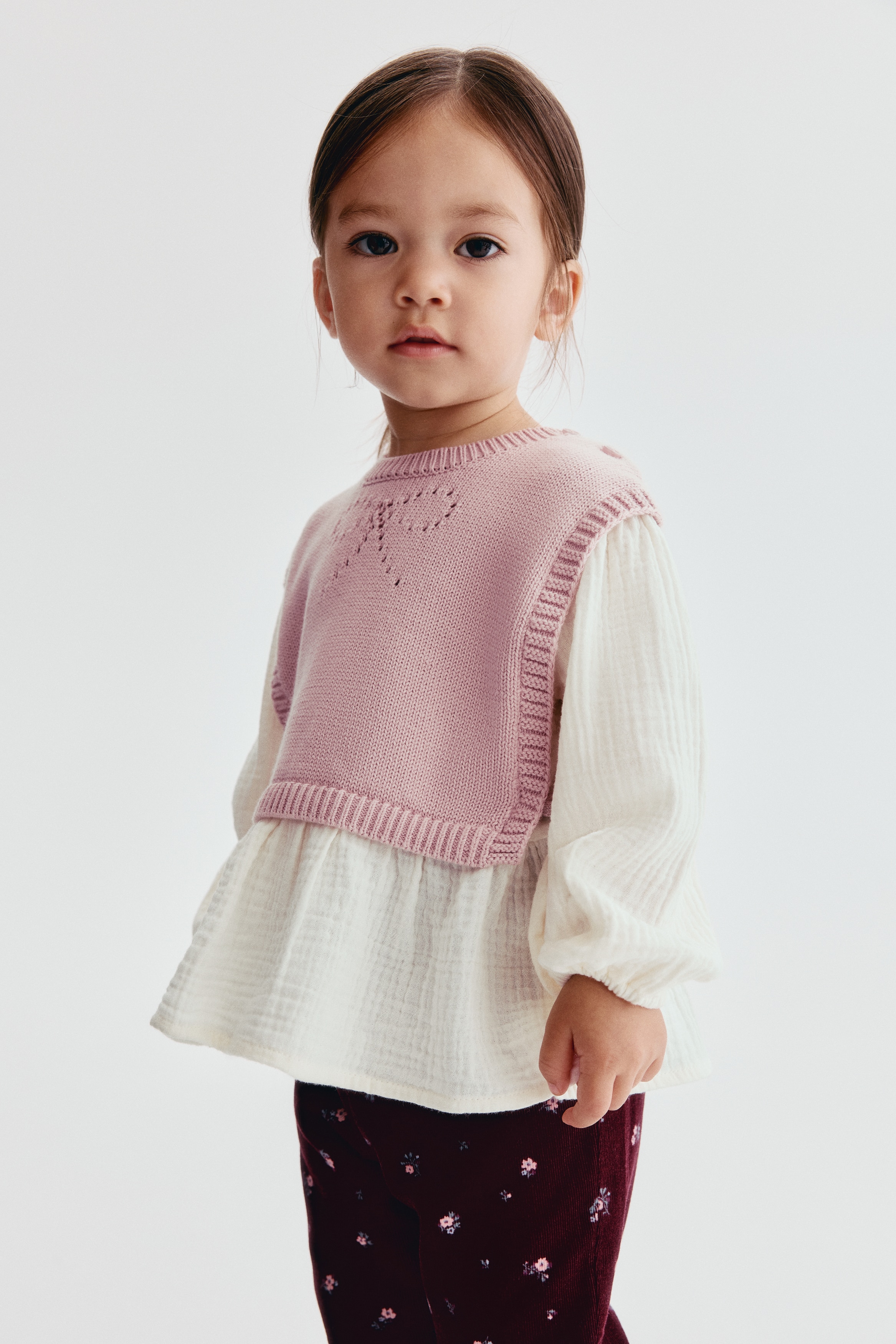 Bib-Detail Cotton Blouse - Light pink/cream