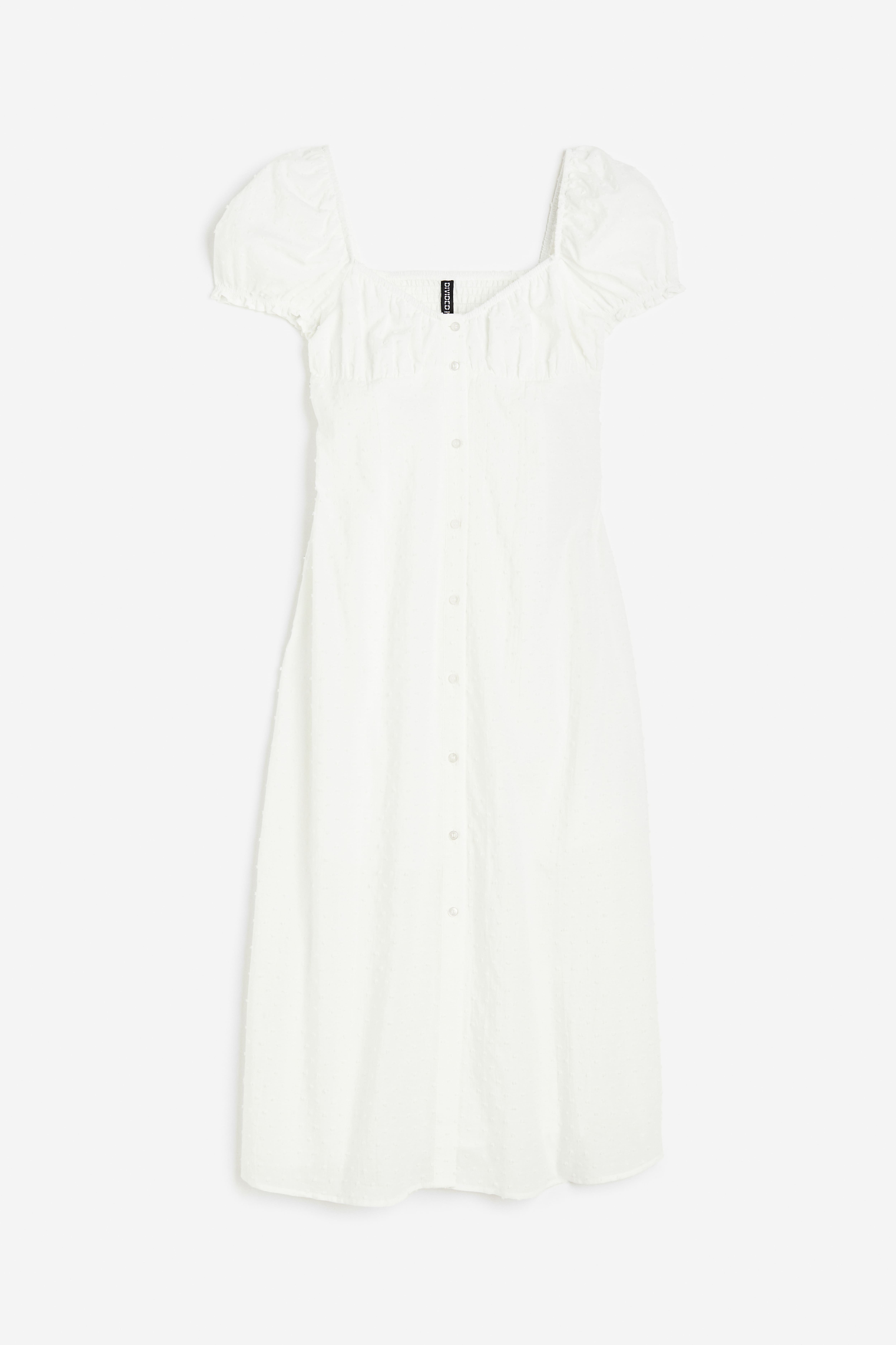 Textured-weave Puff-sleeved Dress - Low-cut Neckline - Short sleeve - White  - Ladies | H&M US