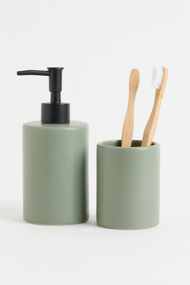 Distributeur de savon en faïence - Vert sauge/Noir/Beige clair/Marron - 2