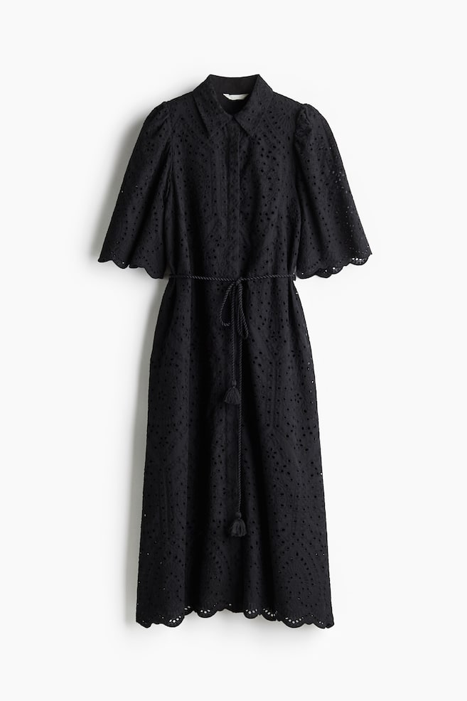 Doorknoopjurk met broderie anglaise - Zwart - 1