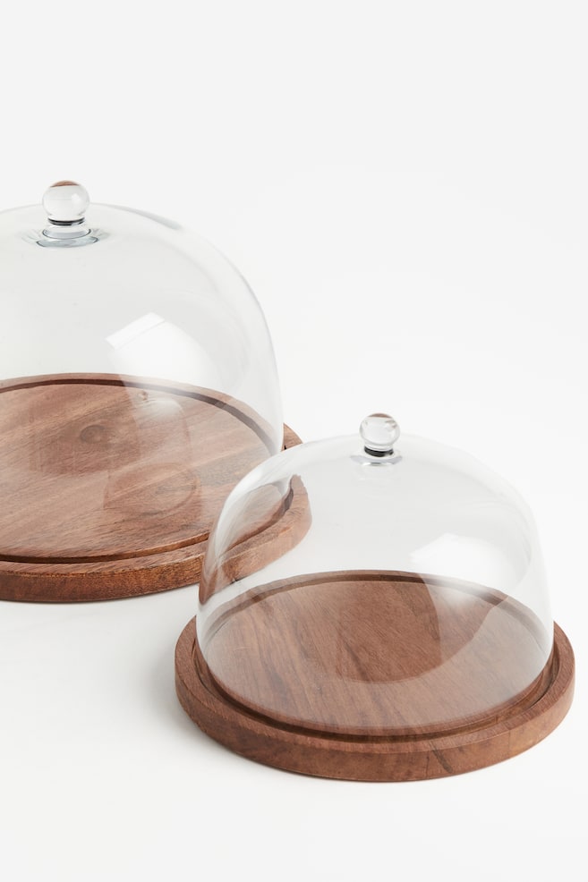 Petite cloche en verre avec plateau en bois - Marron/verre transparent - 2