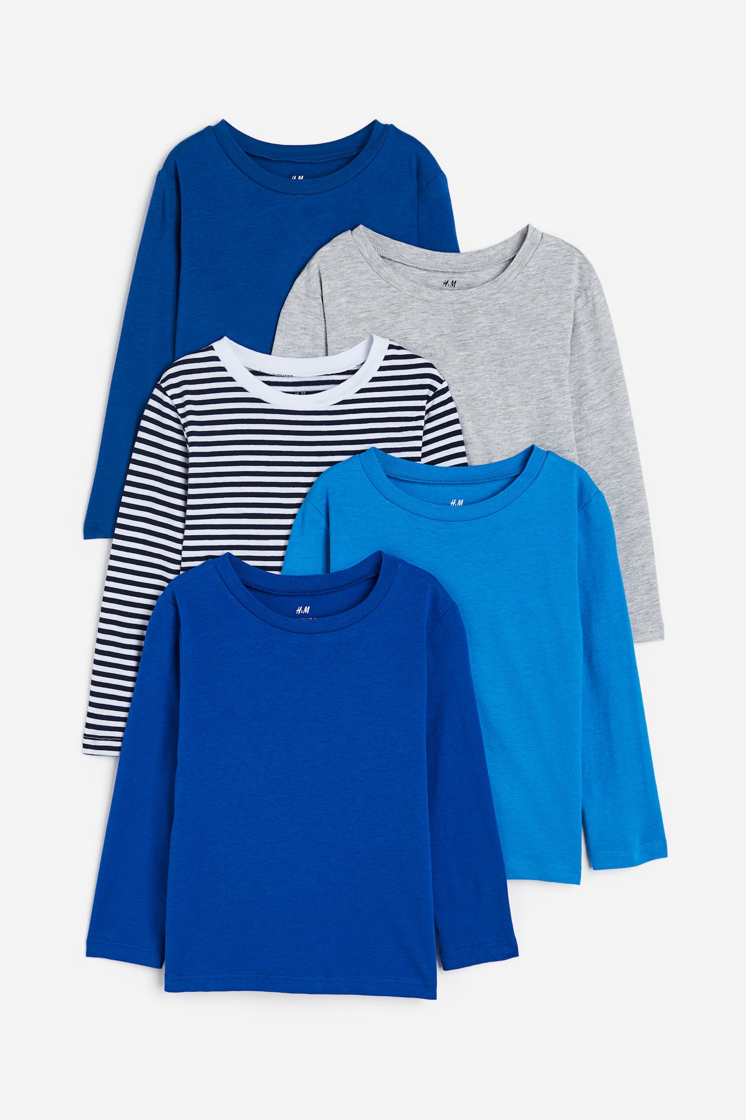 5-pack long-sleeved T-shirts - Bright blue/Blue/Beige/Striped/Light grey marl/Black/Red/Blue/Green/Dark blue/Dusty blue - 1