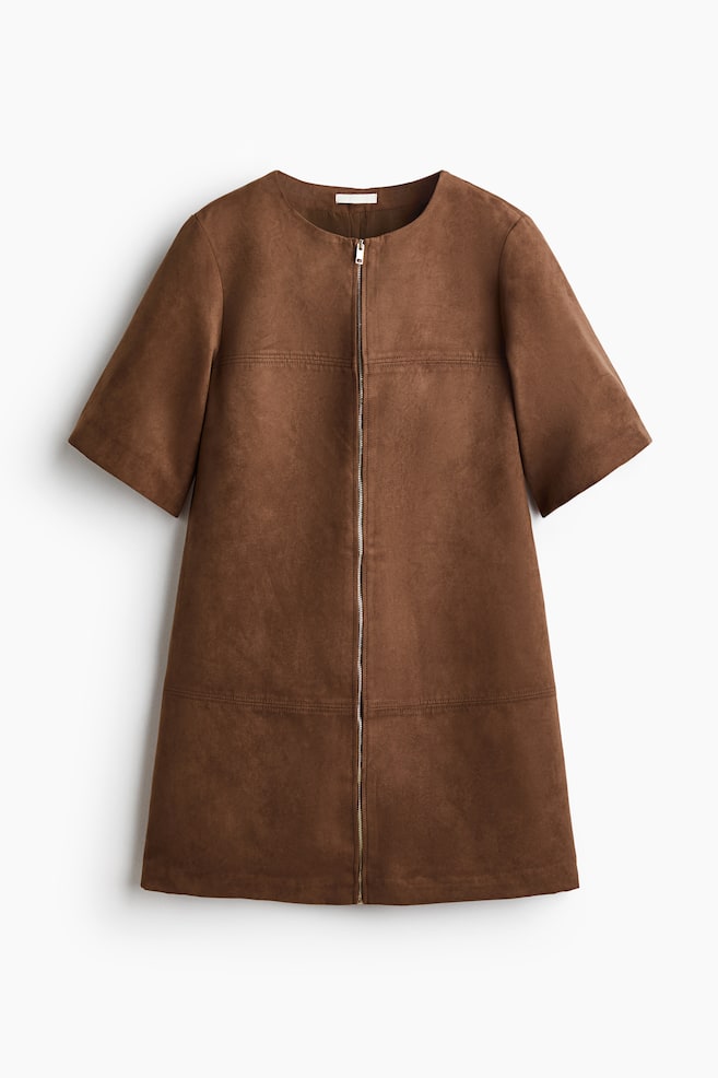 A-Line Dress with Zipper - Brown - 1