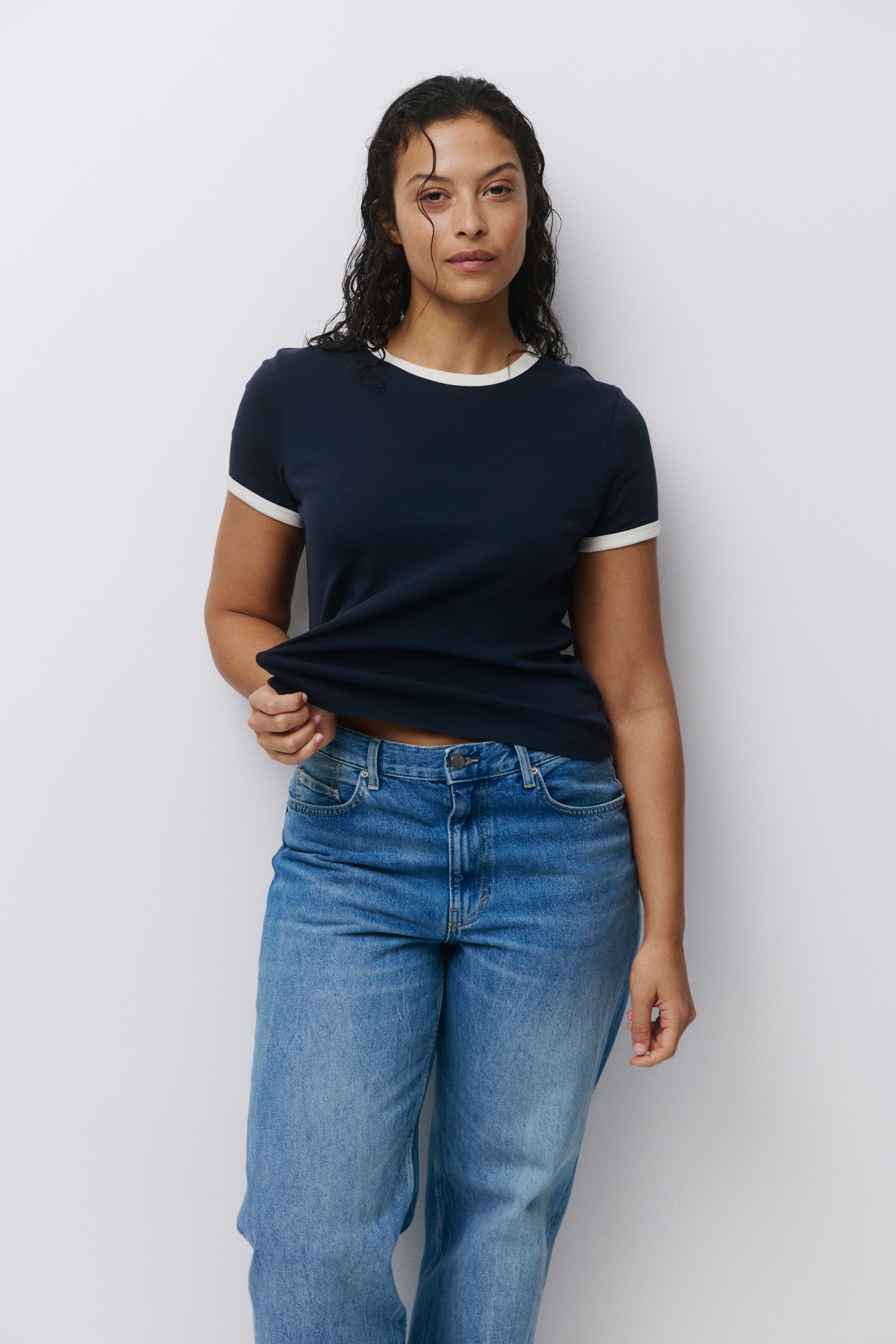 T-shirt em algodão - Azul marinho/Branco/Rosa claro/Creme/Castanho escuro