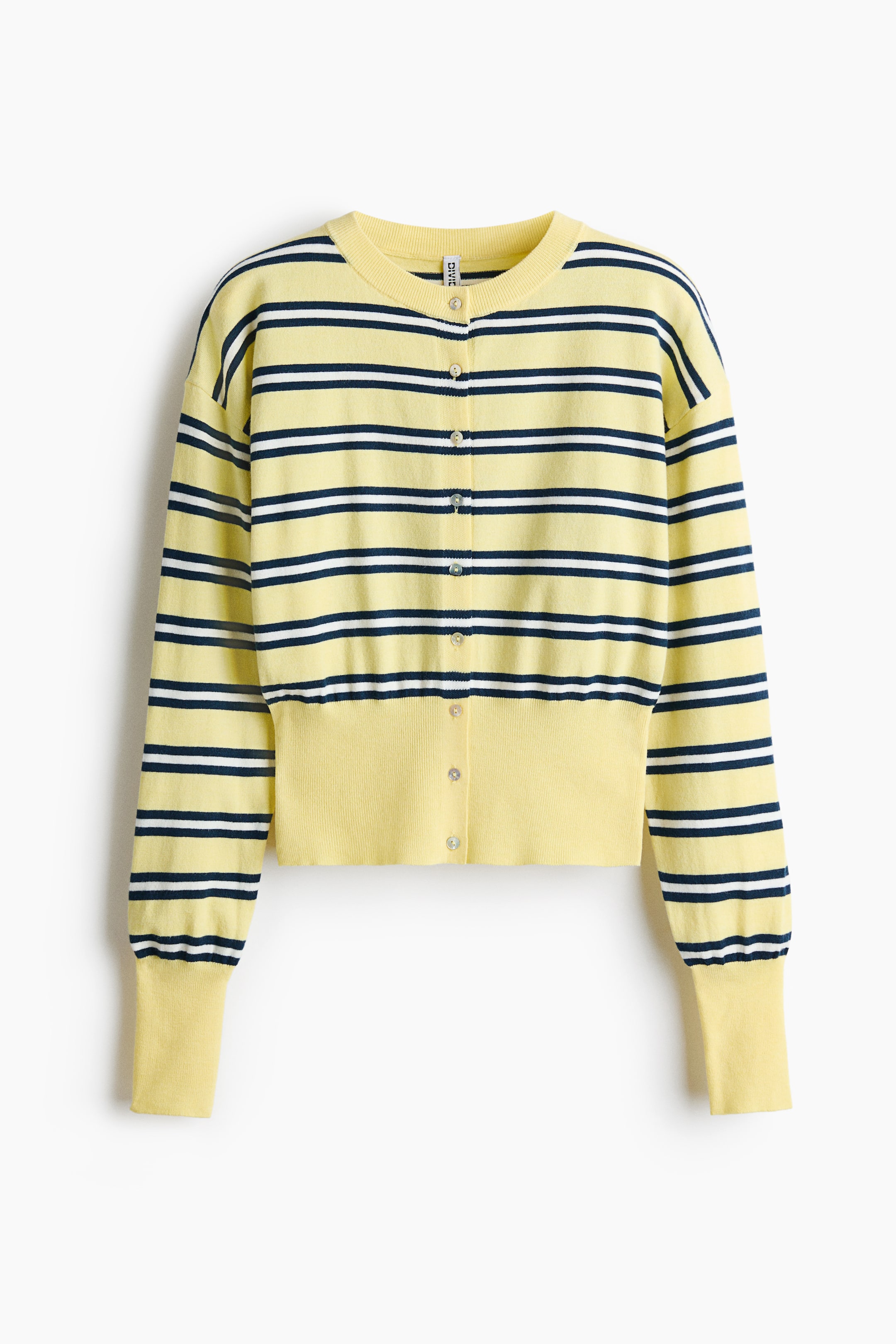 View larger image: A yellow knit cardigan is shown from the front, featuring horizontal navy and white stripes, a crew neck, and a front button closure. It has a wide, solid yellow ribbed waistband and long sleeves with extended ribbed cuffs.