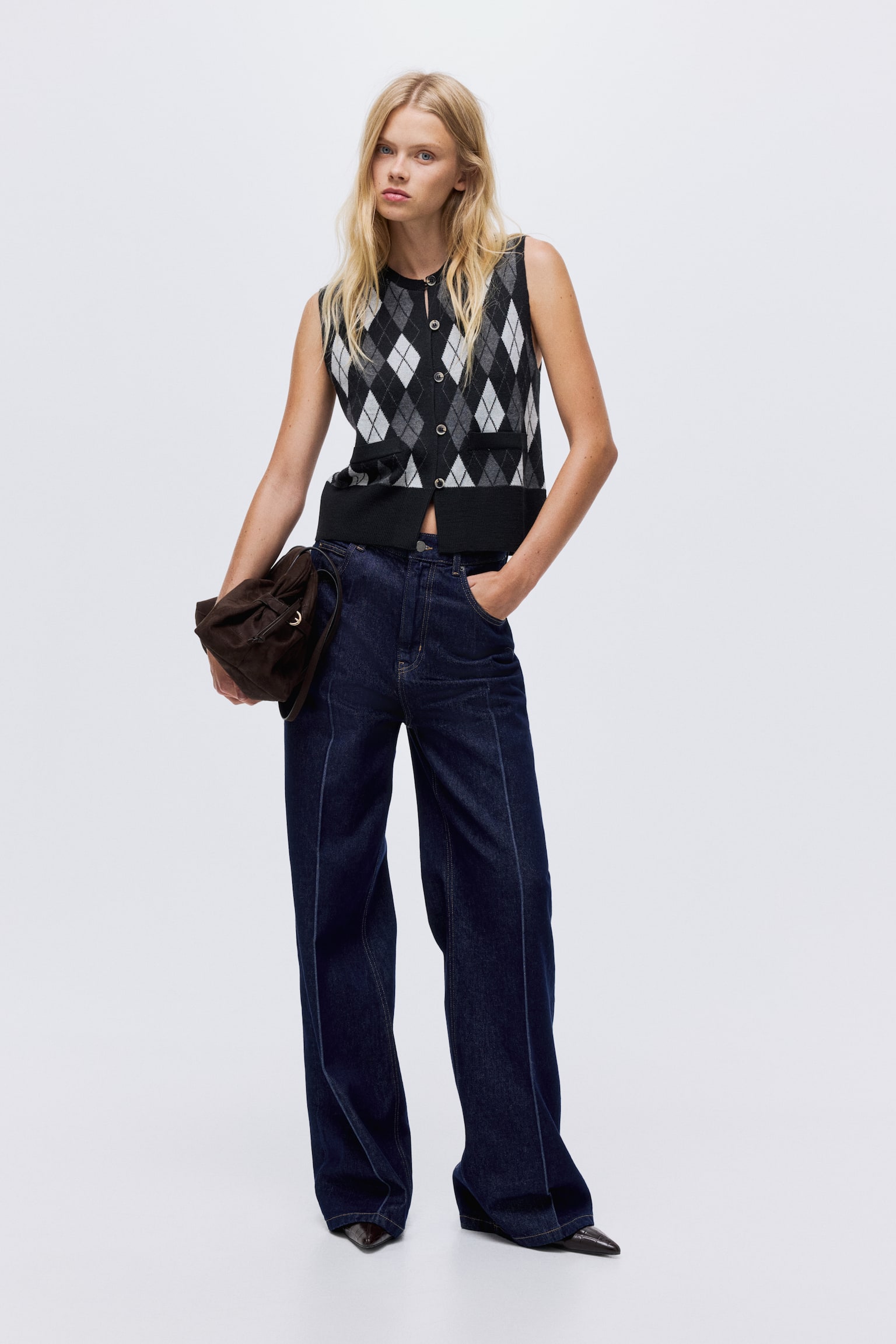 Wool-blend jacquard-knit waistcoat - Black/Argyle pattern - 3