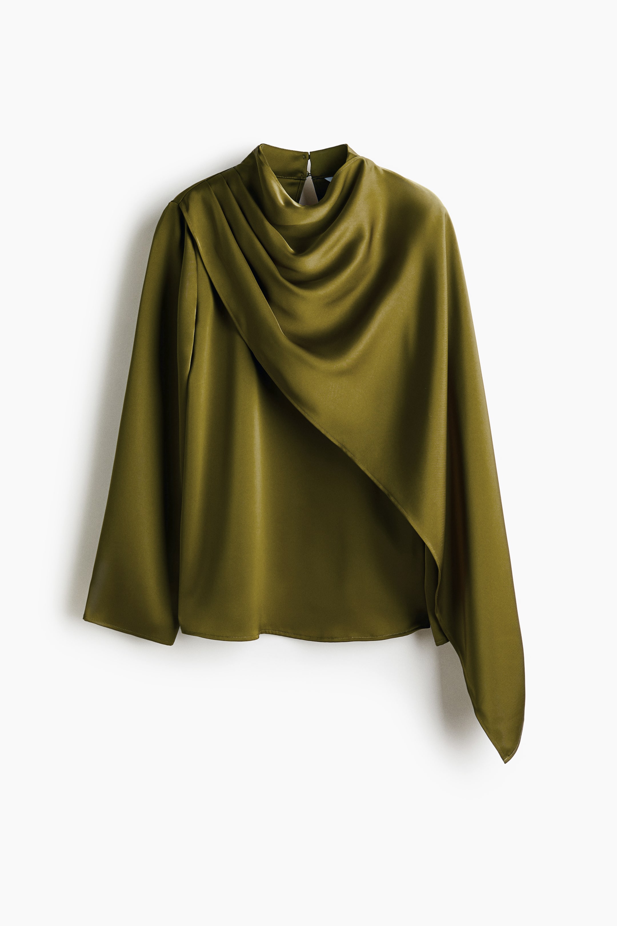 View larger image: A lustrous olive green satin blouse is presented in a FRONT view, featuring a stand collar and a shawl detail that is draped across the front. The blouse is designed with long sleeves, and a keyhole opening with covered buttons is visible at the back of its neck.