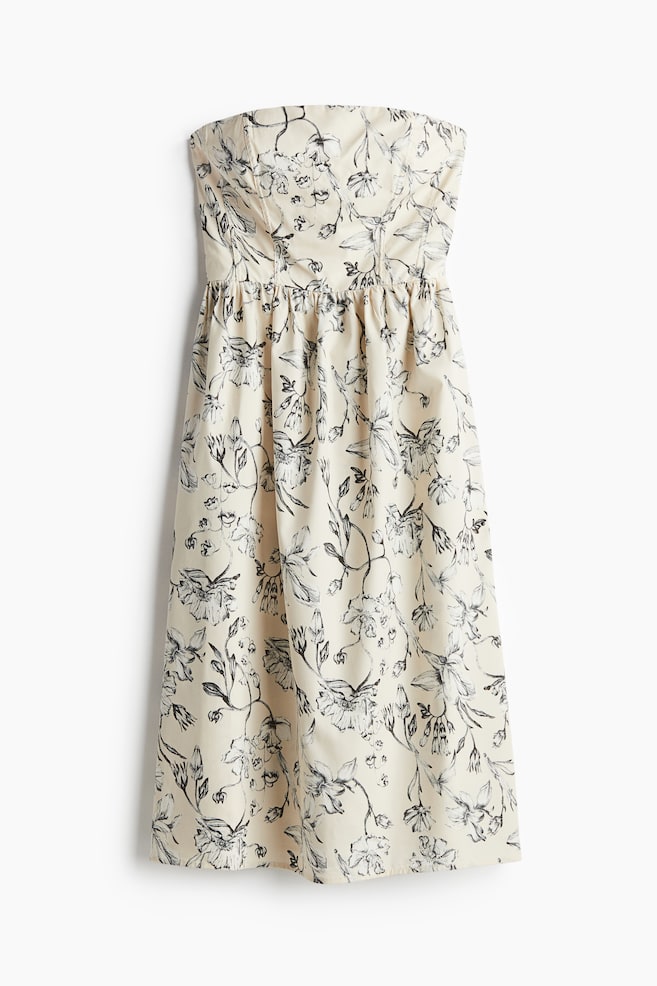 Bandeau-Kleid aus Baumwolle - Hellbeige/Geblümt/Schwarz/Rosa Blätter - 1