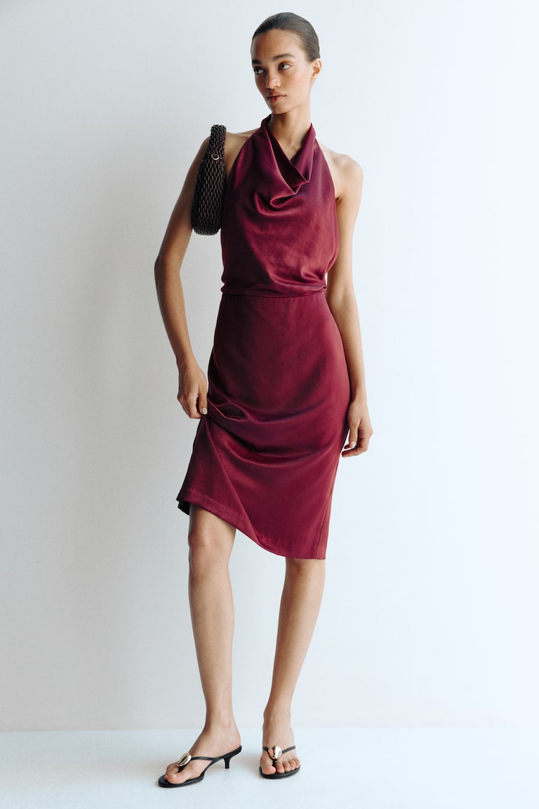 Ladies - Burgundy Halterneck Satin Dress - Size: XXL - H&M