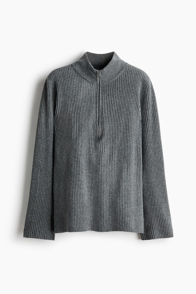 Jersey en punto acanalado con media cremallera - Gris jaspeado/Marrón oscuro - 1