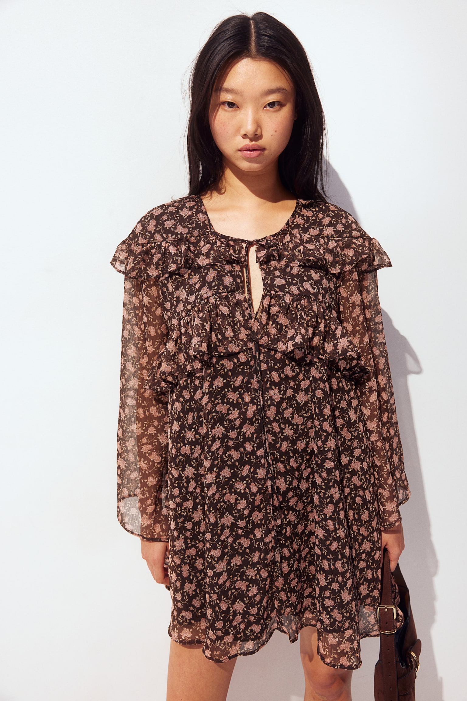 Frill-trimmed chiffon tunic dress - Dark brown/Floral/Cream - 1