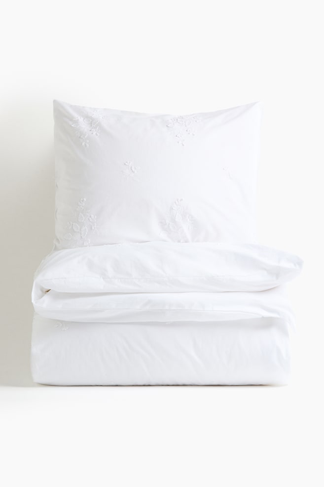 Embroidery-detail single duvet cover set - White/Floral - 1