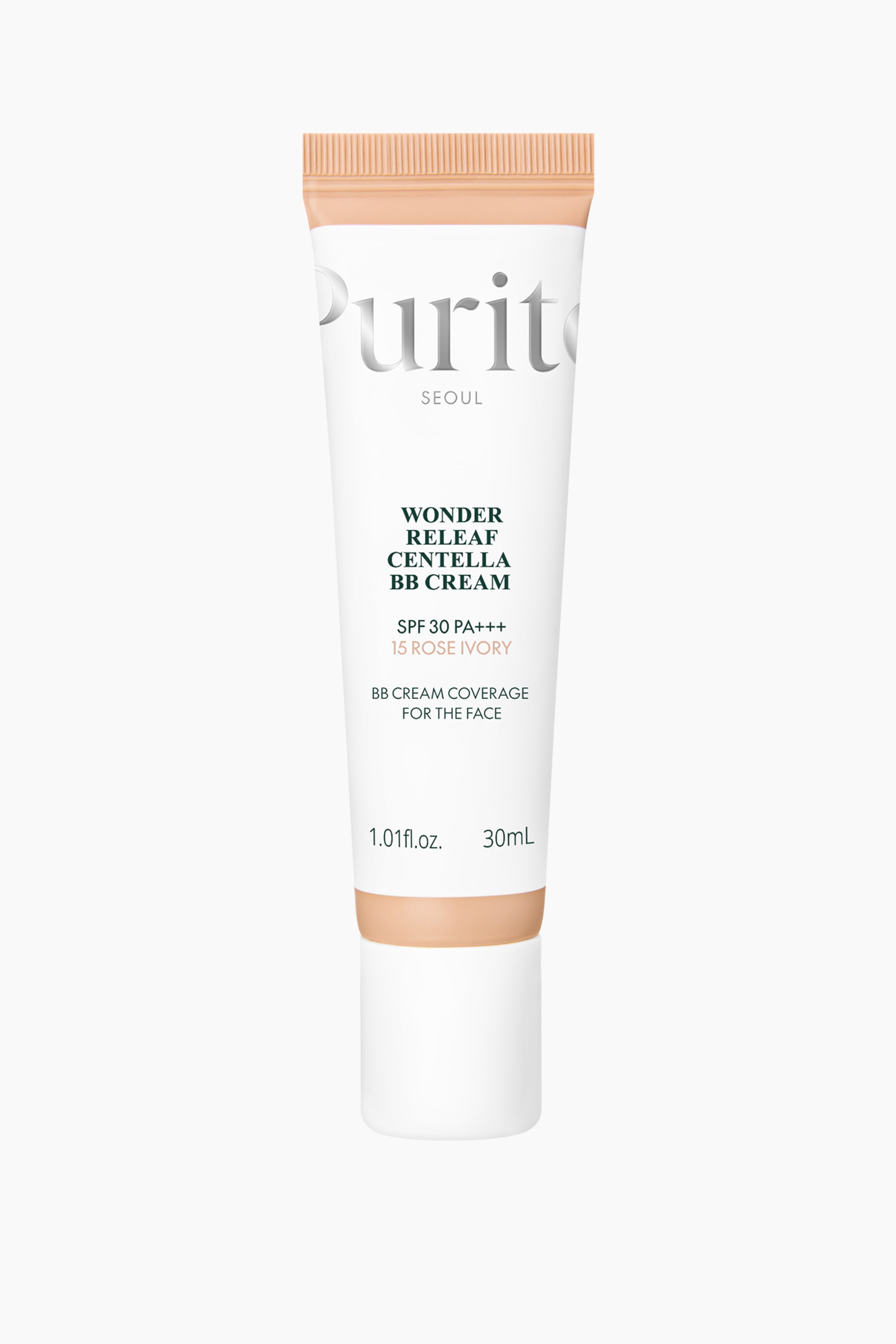 Se større billede: Et hvidt klembar tube af Purito Wonder Releaf Centella BB Cream står oprejst og vender fremad. Den har en ferskenfarvet top og et matchende ferskenfarvet bånd nær den hvide hætte i bunden, med produktdetaljer inklusive "SPF 30 PA+++" og "15 ROSE IVORY" trykt på fronten.