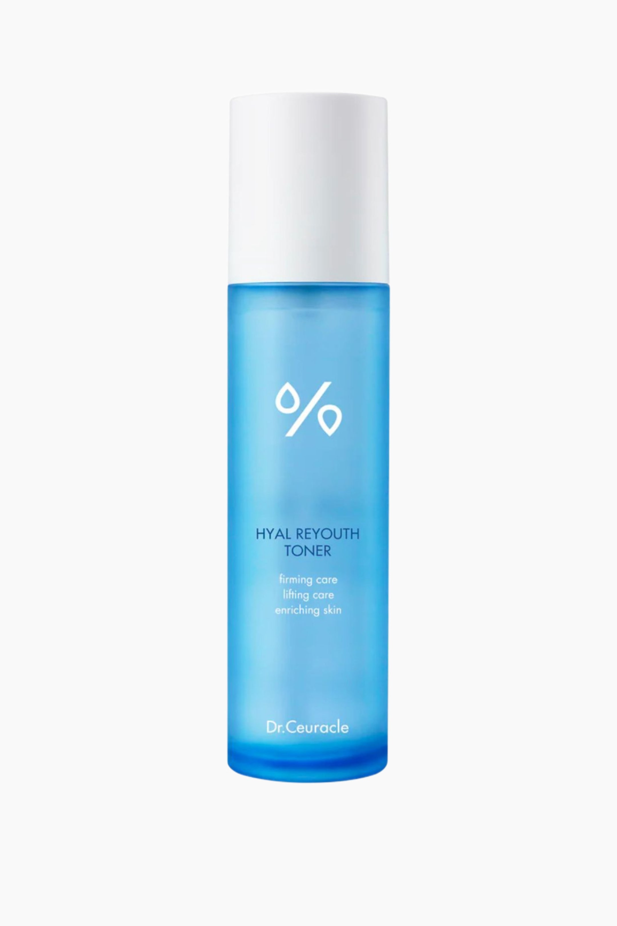 Größeres Bild ansehen: Eine hohe, zylindrische Flasche Dr.Ceauracle Hyal Reyouth Toner präsentiert ihre Vorderseite. Die klare Flasche zeigt eine hellblaue Flüssigkeit und ist mit einem weißen Deckel versehen. Weißer Text auf der Flasche zeigt "Hyal Reyouth Toner" zusammen mit einem Prozentzeichen und "Dr.Ceauracle" an der Basis.