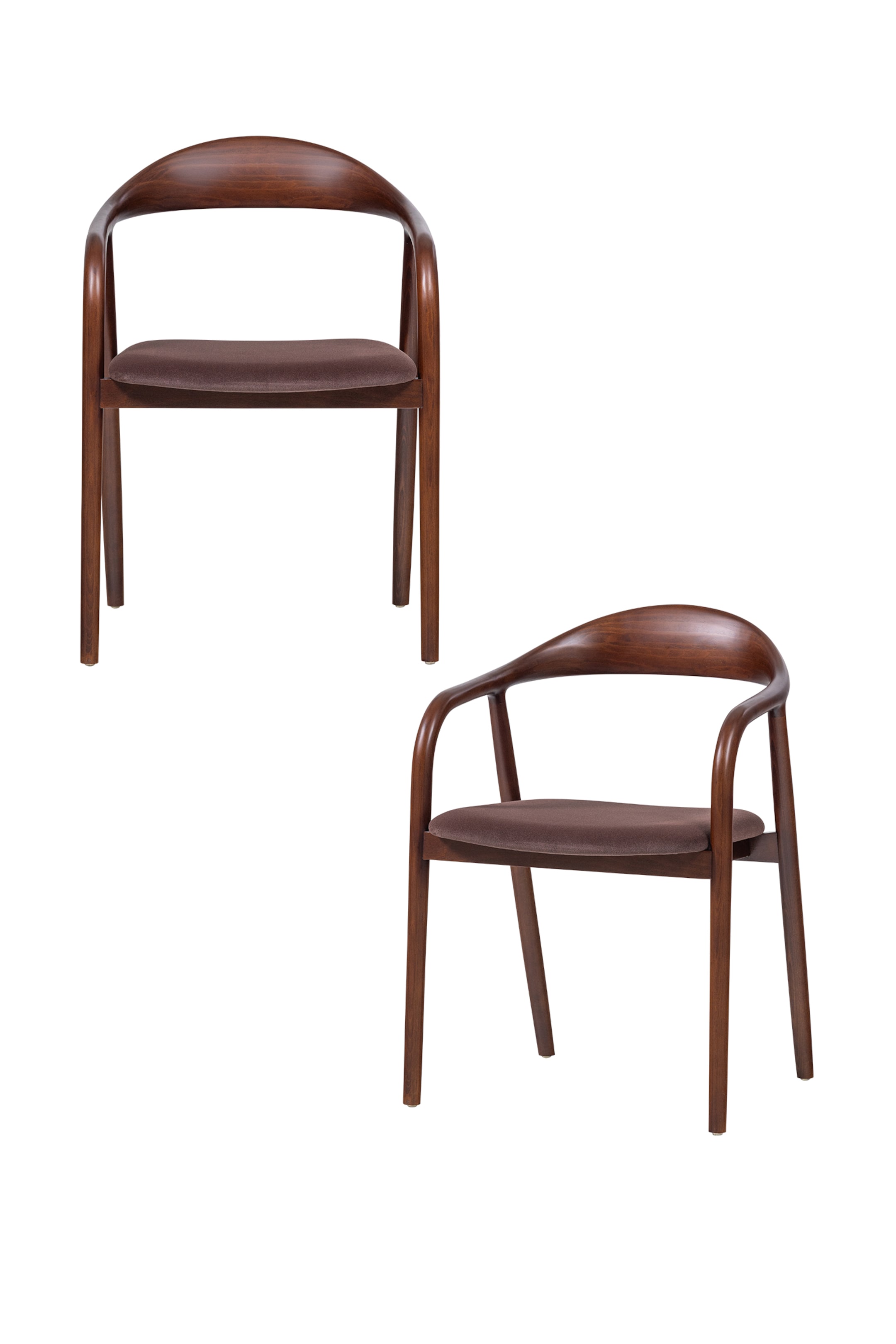 Agrandir l'image: Deux chaises en bois brun foncé sont exposées, chacune dotée d'un dossier incurvé se prolongeant en accoudoirs et d'une assise rembourrée brun foncé. La chaise du haut est orientée directement vers l'avant, tandis que celle du bas est inclinée vers la droite.