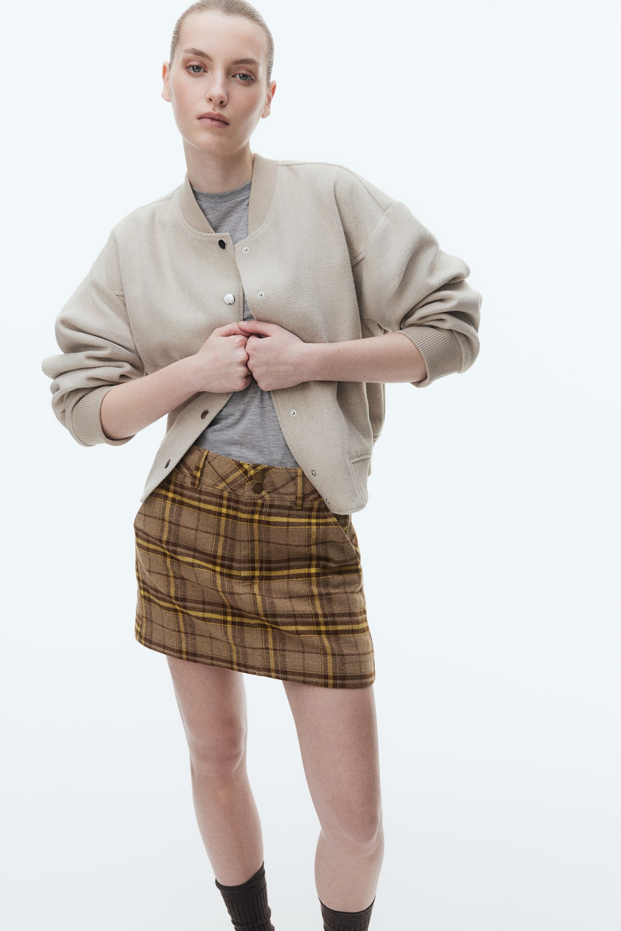Plaid Mini Skirt Beige Check Skirt Jersey Mini Skirts H And M