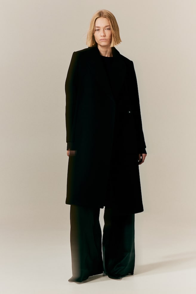 Wool-blend tie-belt coat - Black/Dark beige - 2