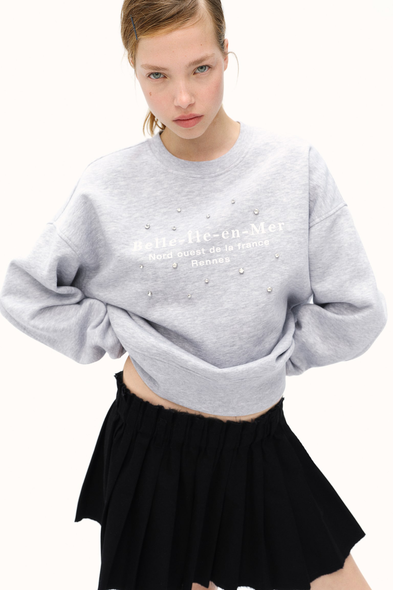 Oversized motif-detail sweatshirt - Light grey marl/Rhinestones/Light dusty pink/Bow/Cream/Health Culture/Cream/New York - 1