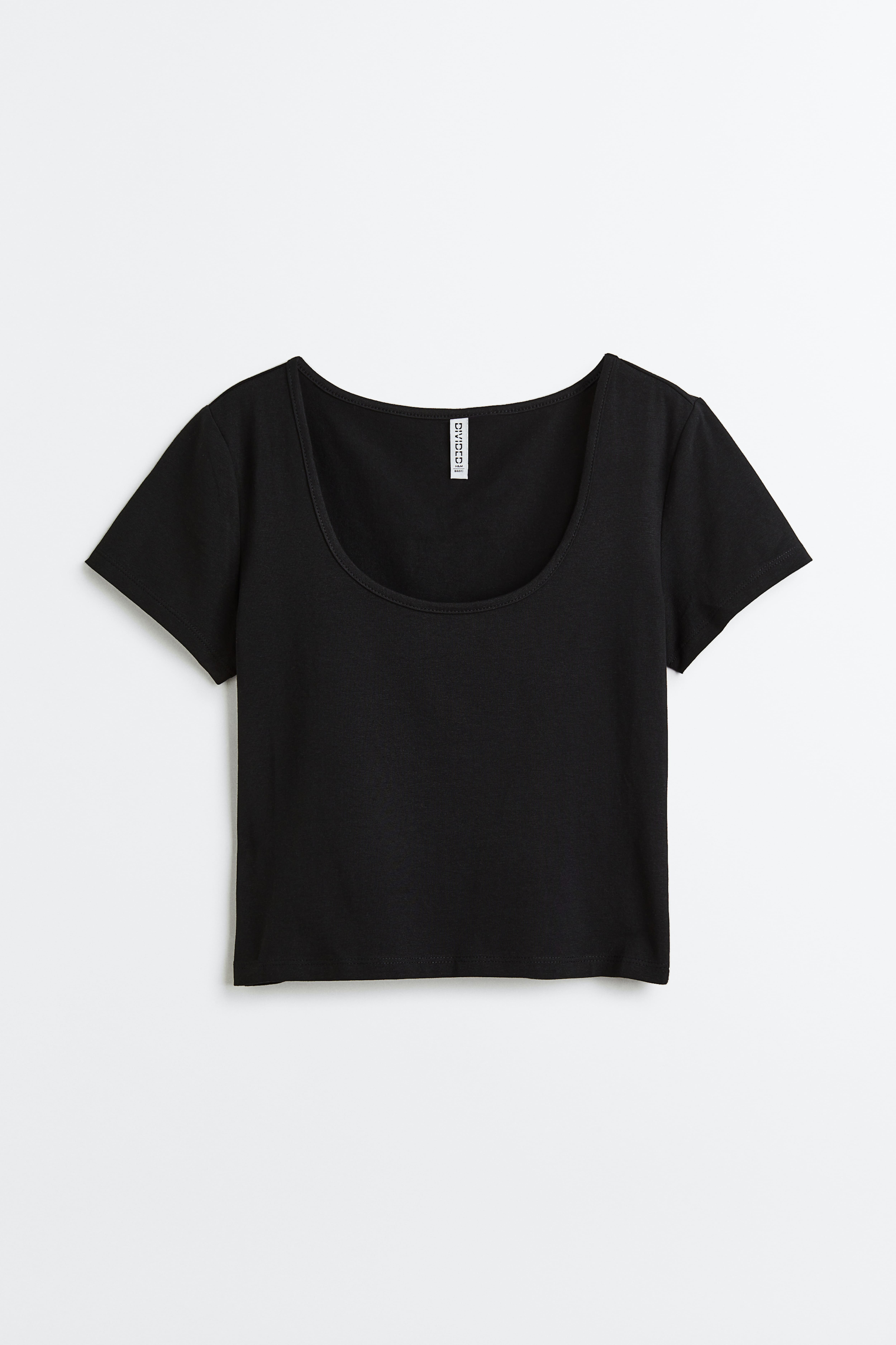 Cotton Jersey Top - Low-cut Neckline - Short sleeve - Black - Ladies | H&M  US