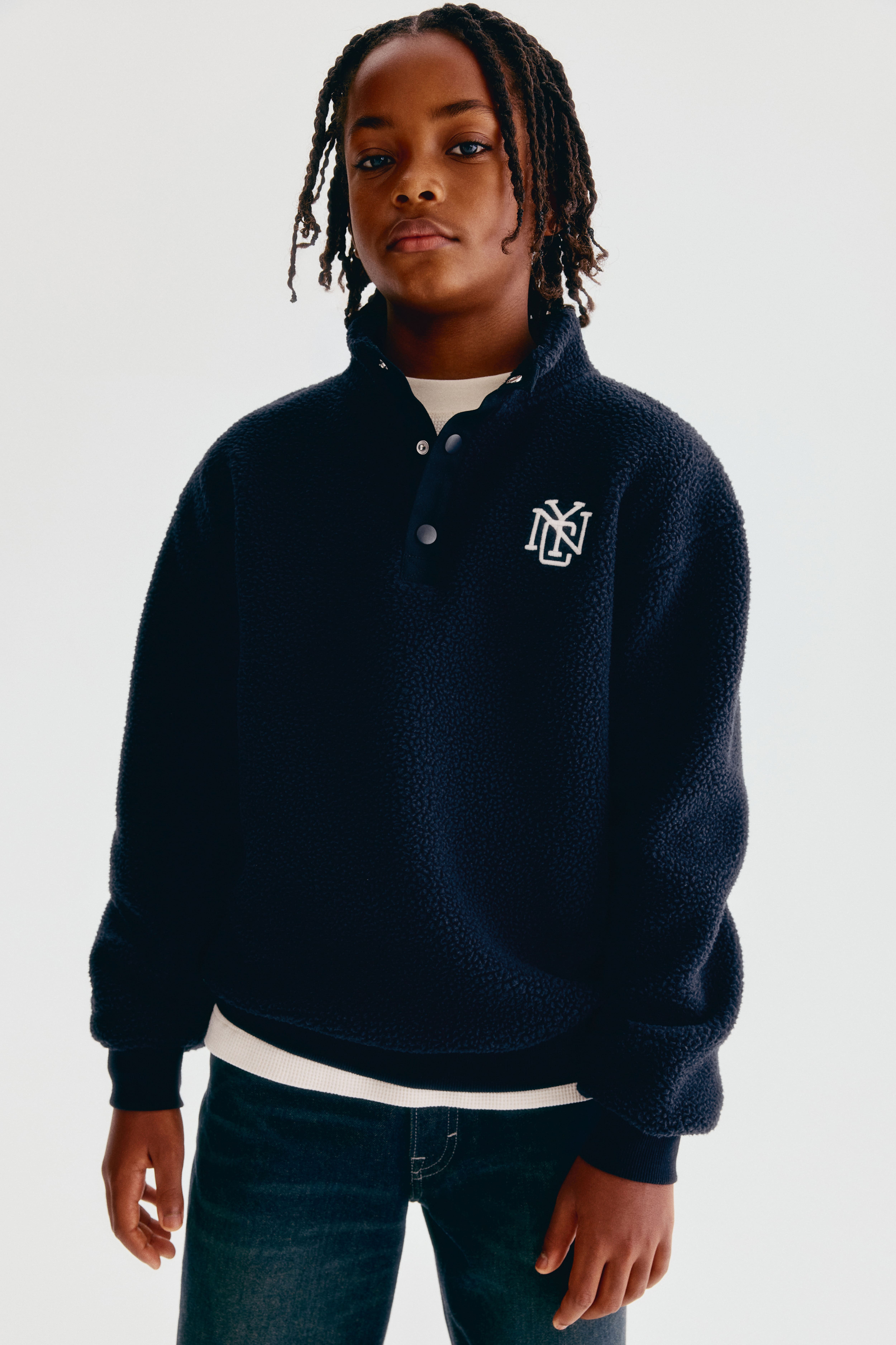 Embroidered-Detail Teddy Fleece Sweatshirt