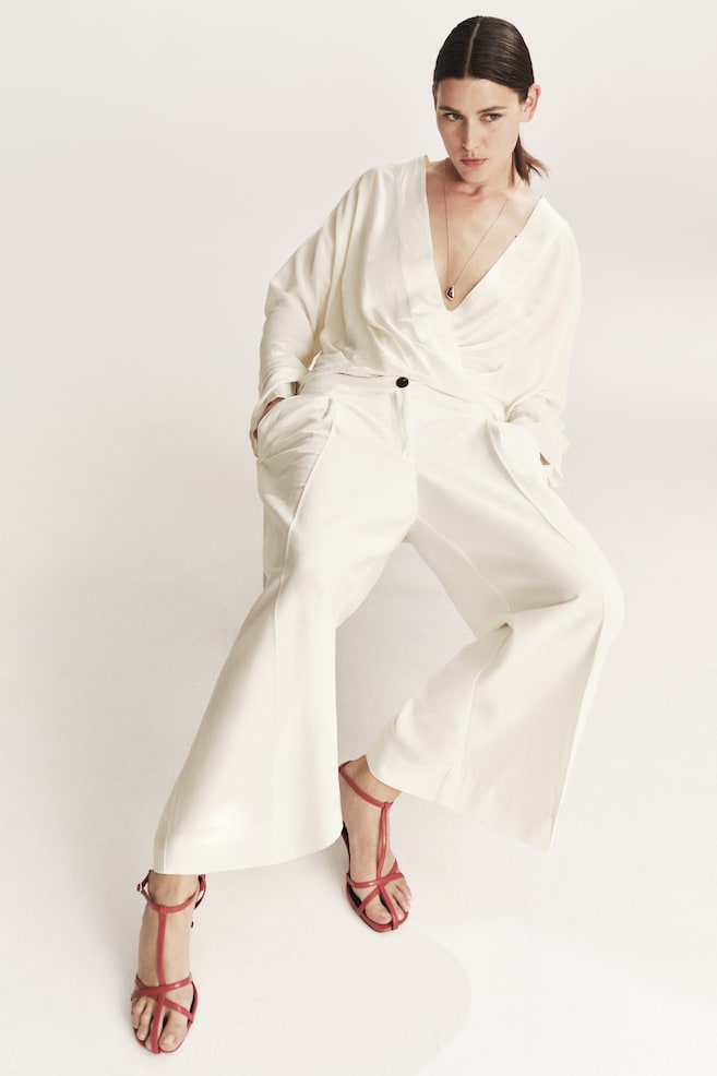Ankle-Length Linen-Blend Pants-Cream - 3