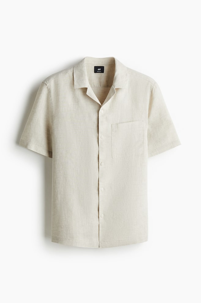 Camicia bowling in lino Regular Fit - Crema/Blu navy/Bianco - 1