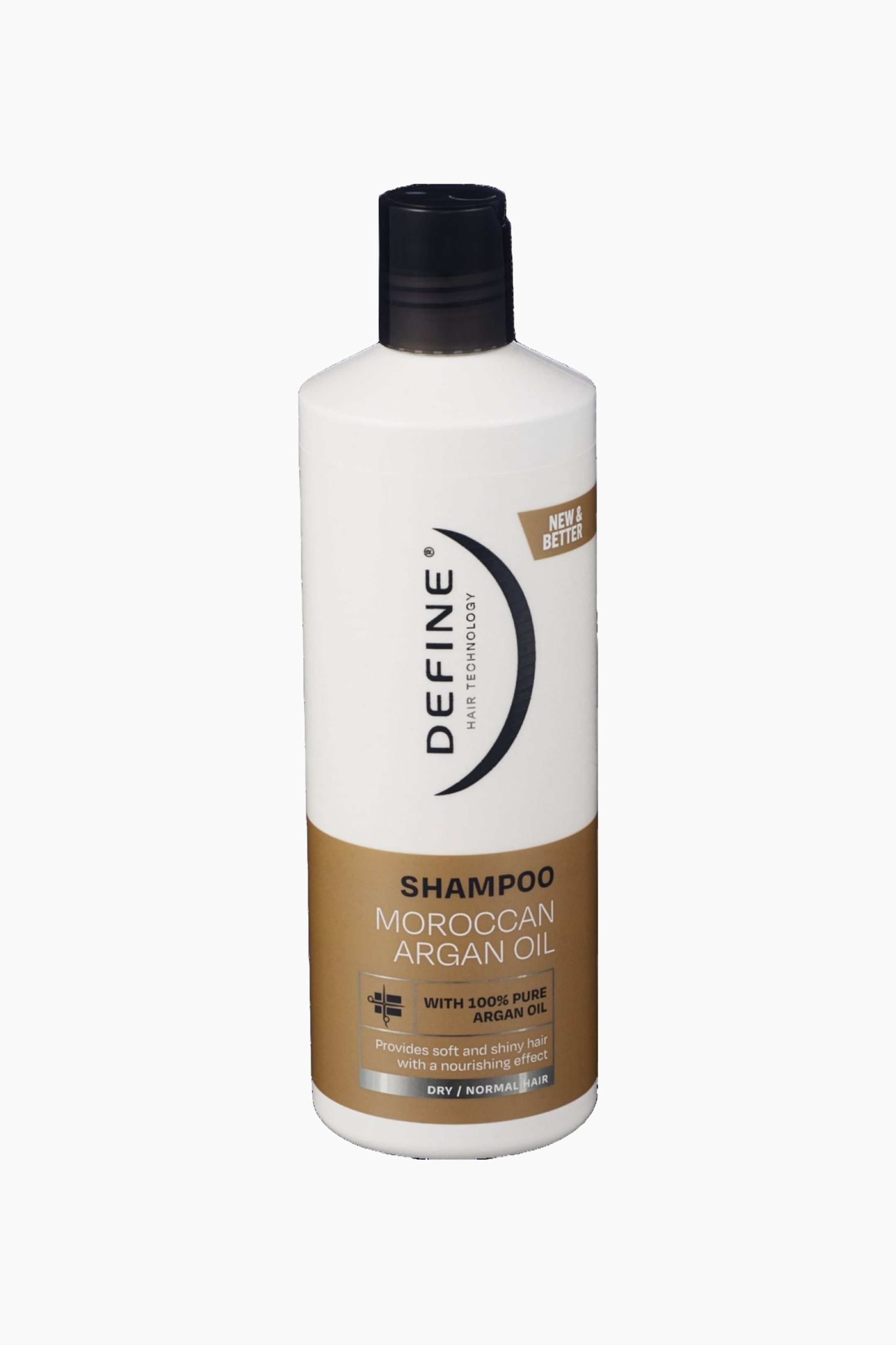Vis større bilde: En hvit sylindrisk sjampoflaske med en svart flip-top kork står litt vinklet til høyre. Etiketten viser "DEFINE HAIR TECHNOLOGY" og en gull-bronse seksjon som annonserer "SHAMPOO MOROCCAN ARGAN OIL" med "100% REN ARGANOLJE" for tørt/normalt hår, sammen med et "NYTT & BEDRE" banner.