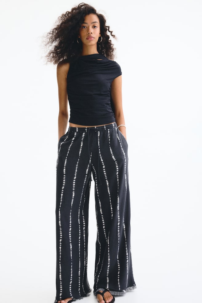 Linen-Blend Drawstring Pants-Dark gray/tie-dye - 4