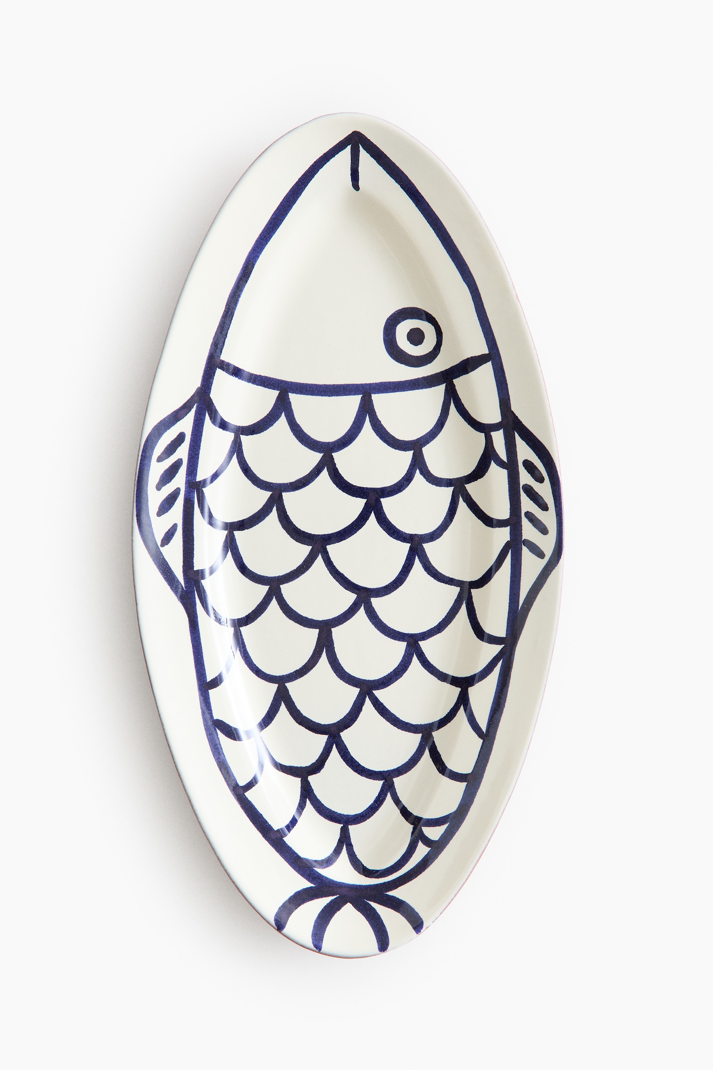 Plat de service peint à la main en terre cuite - Blanc/poisson