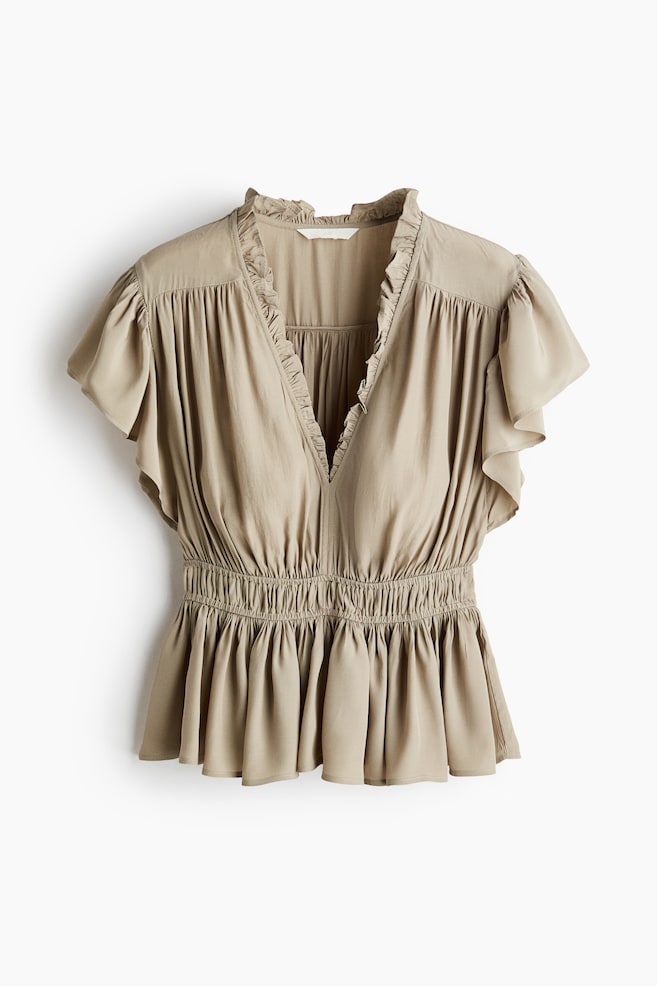 Flutter-Sleeved Peplum Blouse - Light dusty green/Light beige - 1