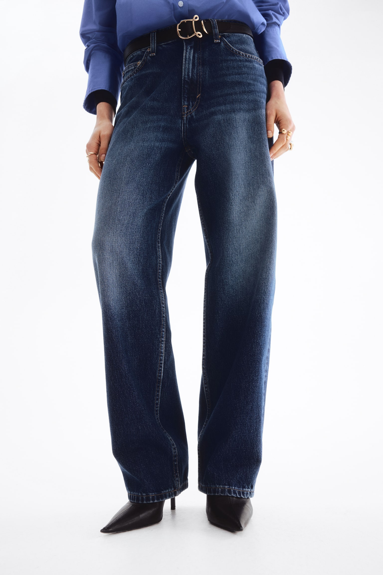 Barrel High Waist Jeans - Ciemnoniebieski denim/Niebieski denim - 6
