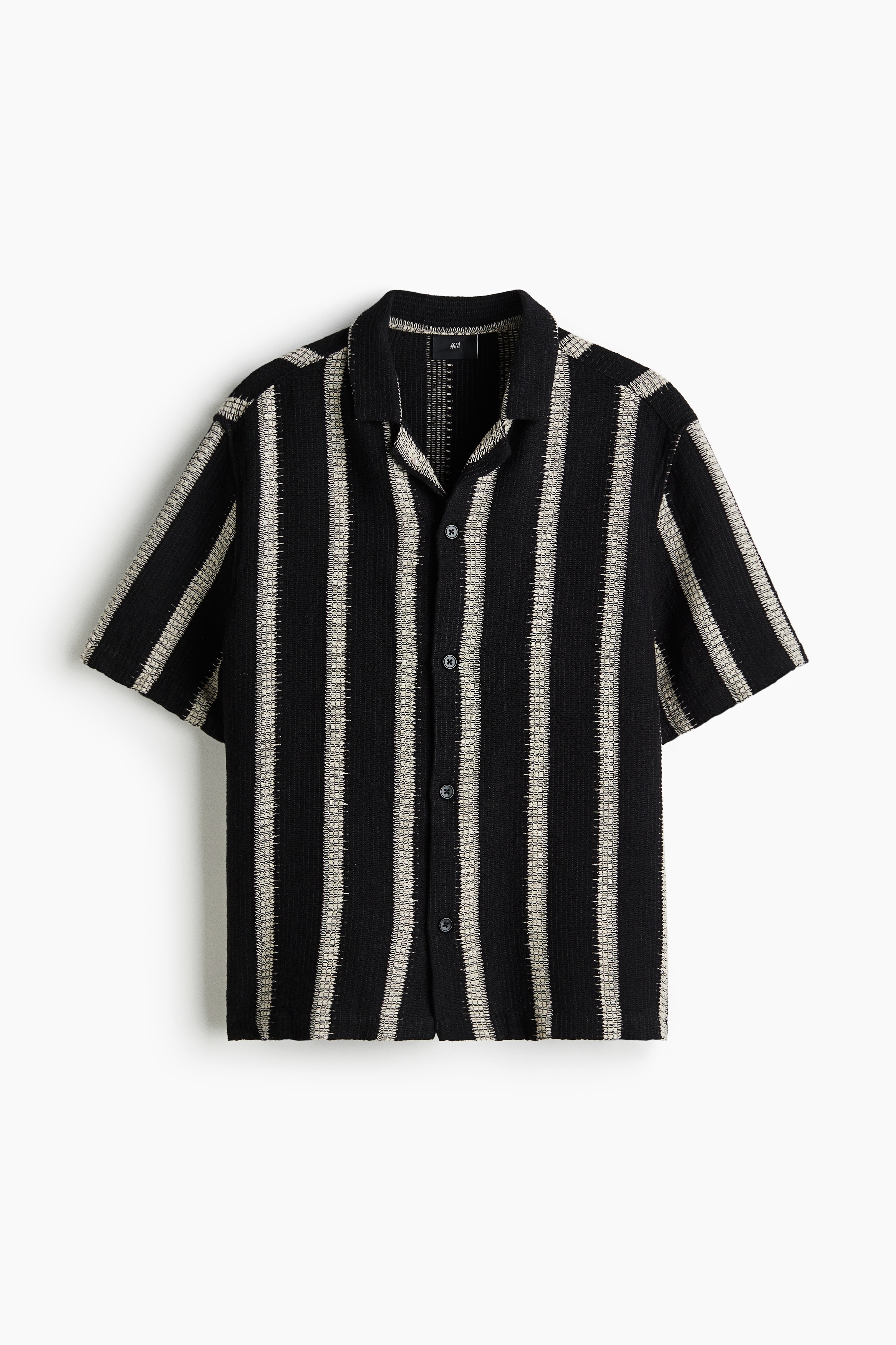 Regular Fit Crochet-look resort shirt - Black/Striped/Dark plum/Striped