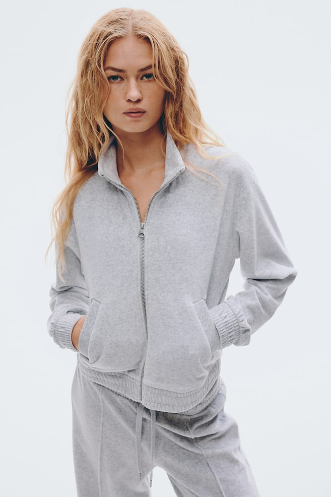 Velour Jacket with Zipper - Light gray melange/Navy blue/Dark brown - 2