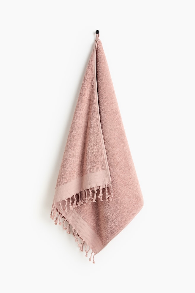 Fringed cotton bath towel - Dusty pink/Cream/Dark brown - 1