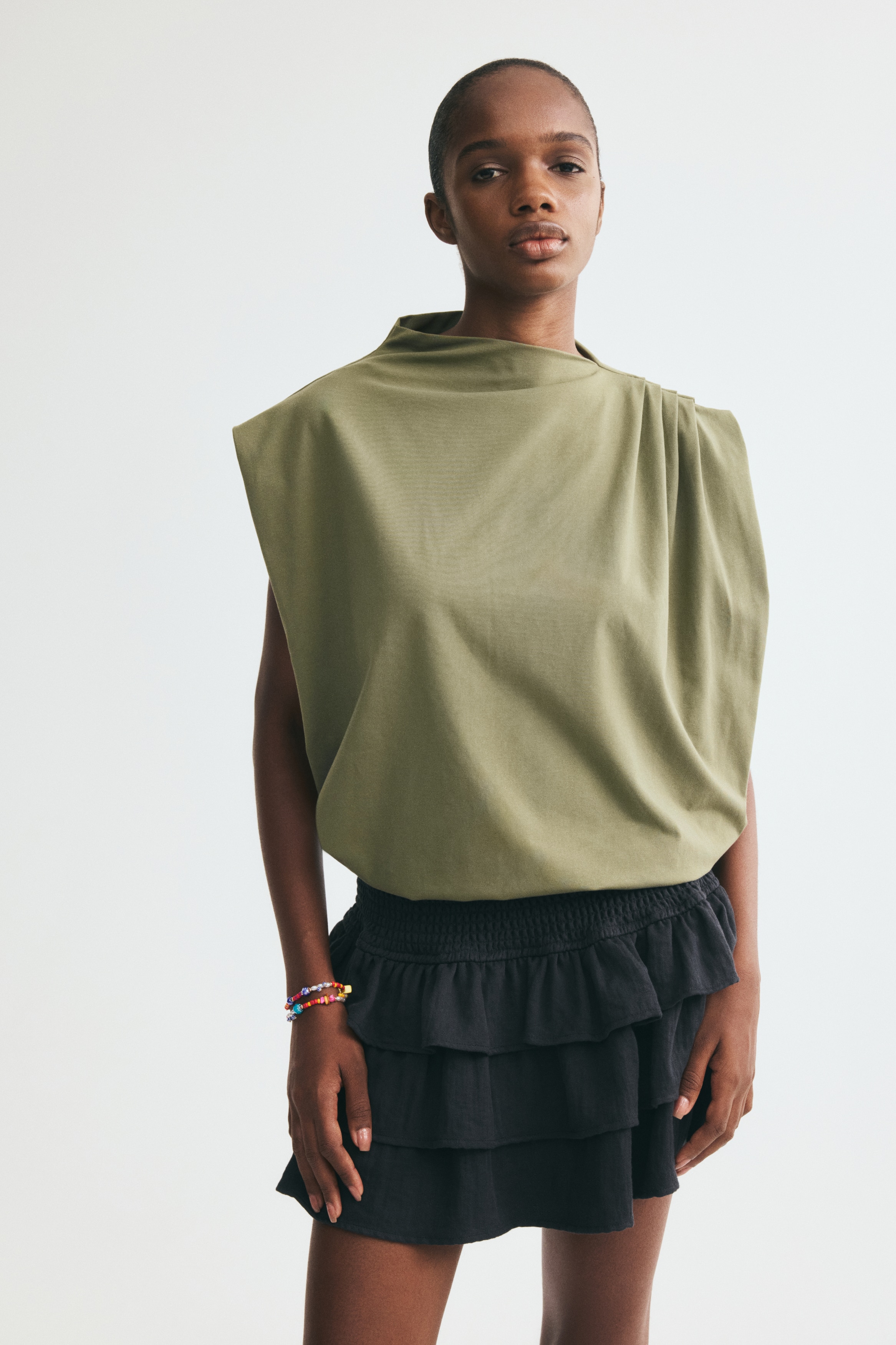 Pleated cotton top - Olive green/Dark brown