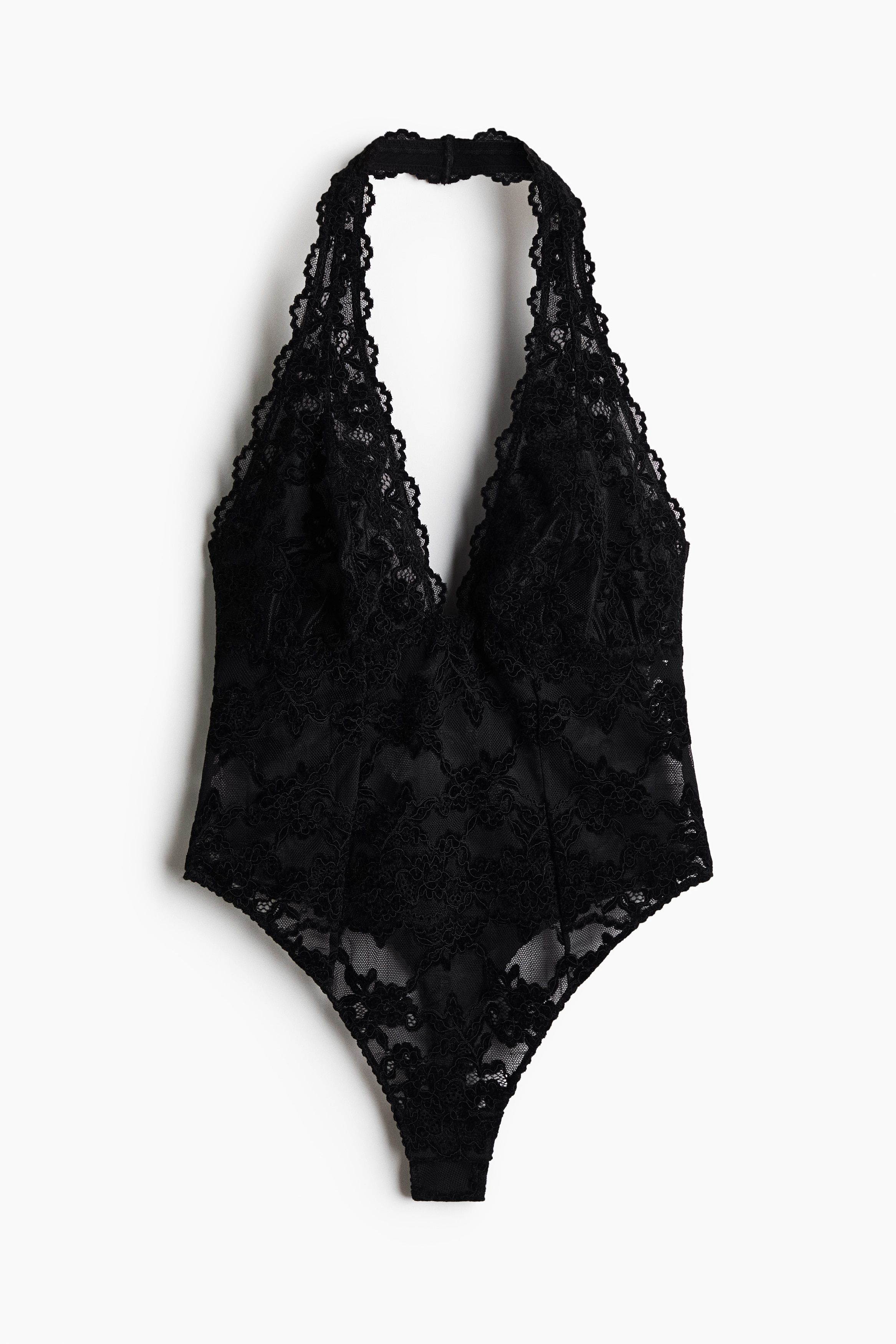Body a perizoma halterneck con ricami - Nero