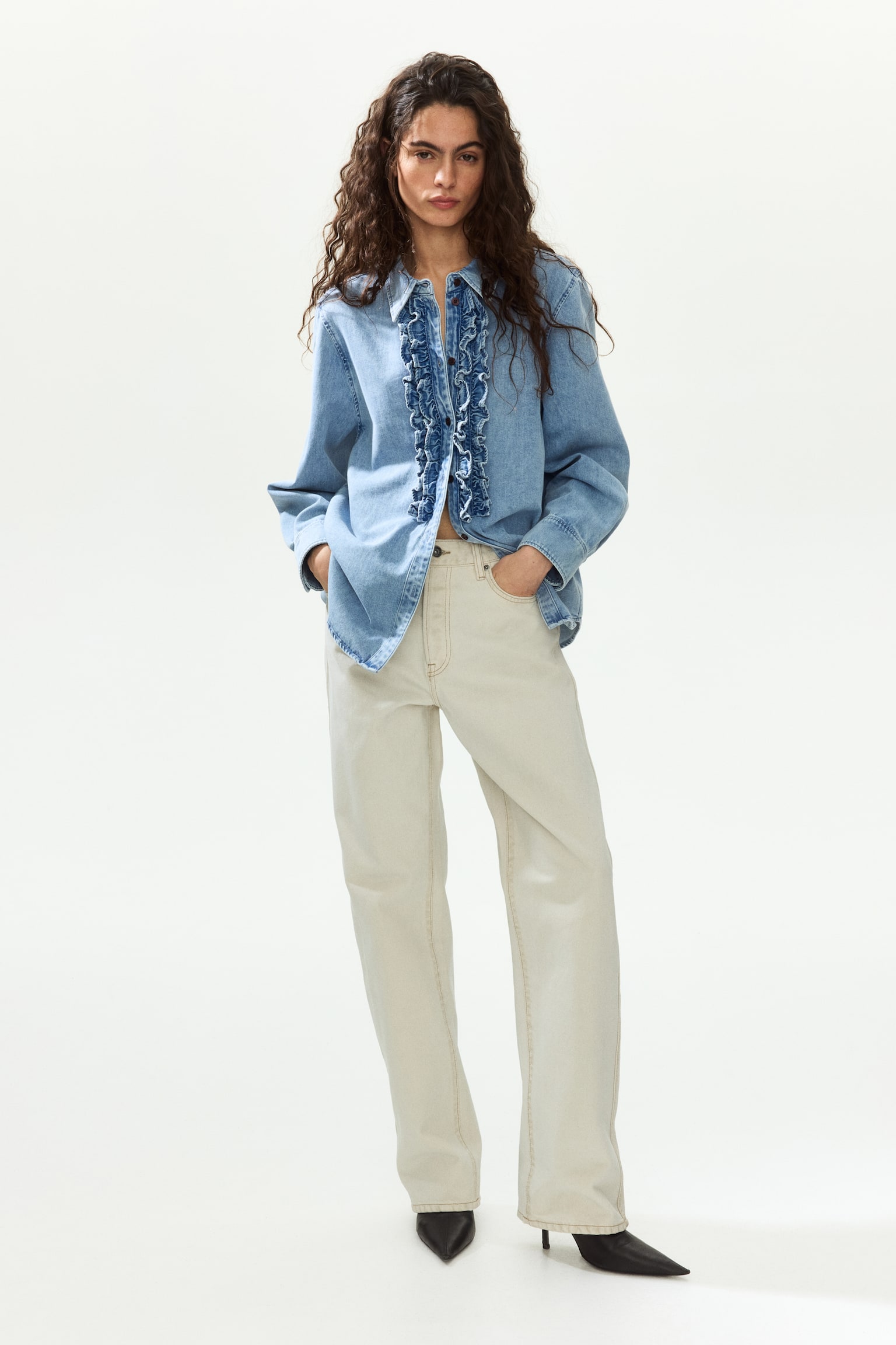 Frill-trimmed denim shirt - Denim blue - 1
