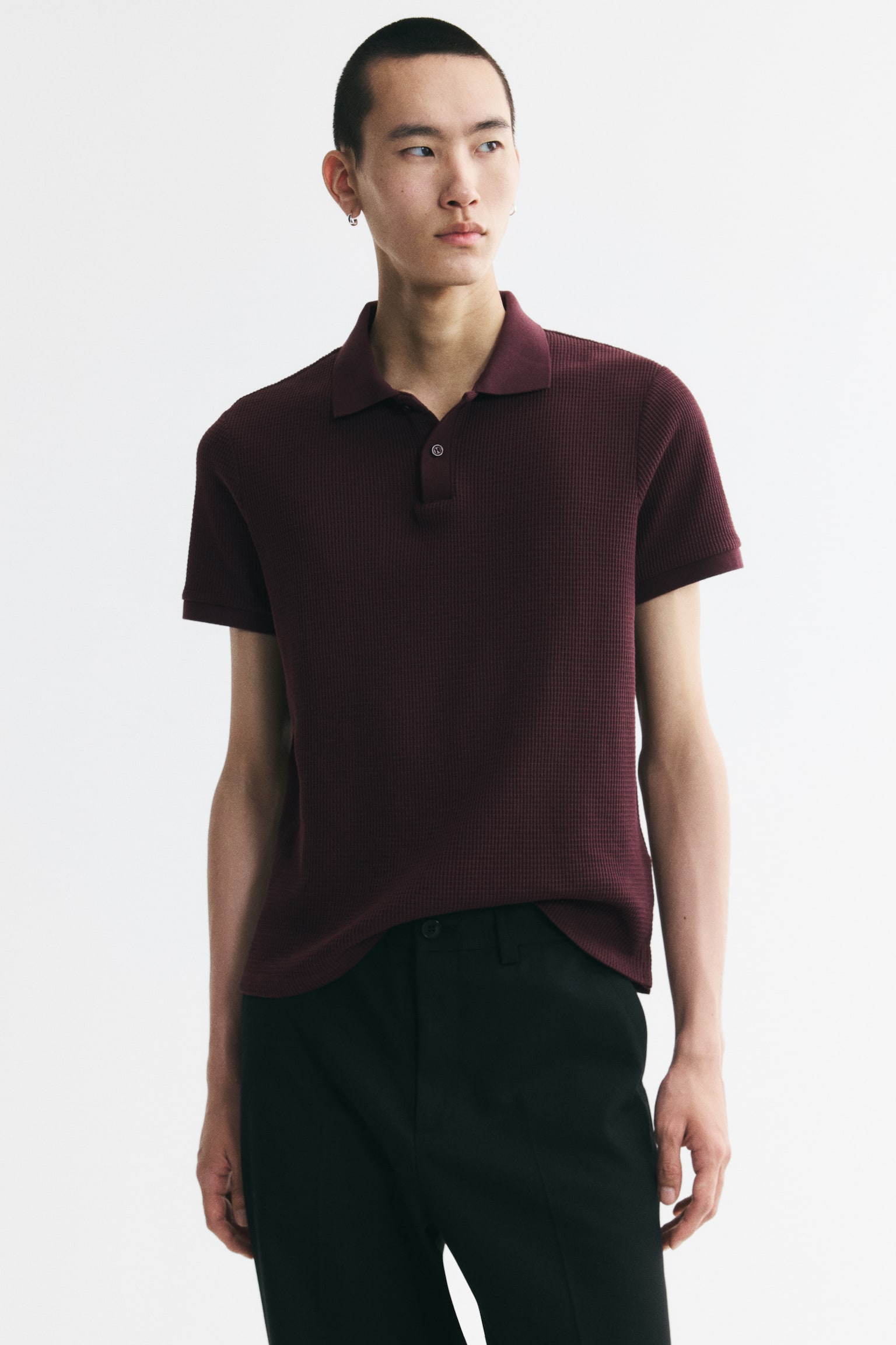 Slim Fit Waffle-knit polo shirt - Burgundy/Black/Dark mole/Dark brown/Dark khaki green/Cream - 1