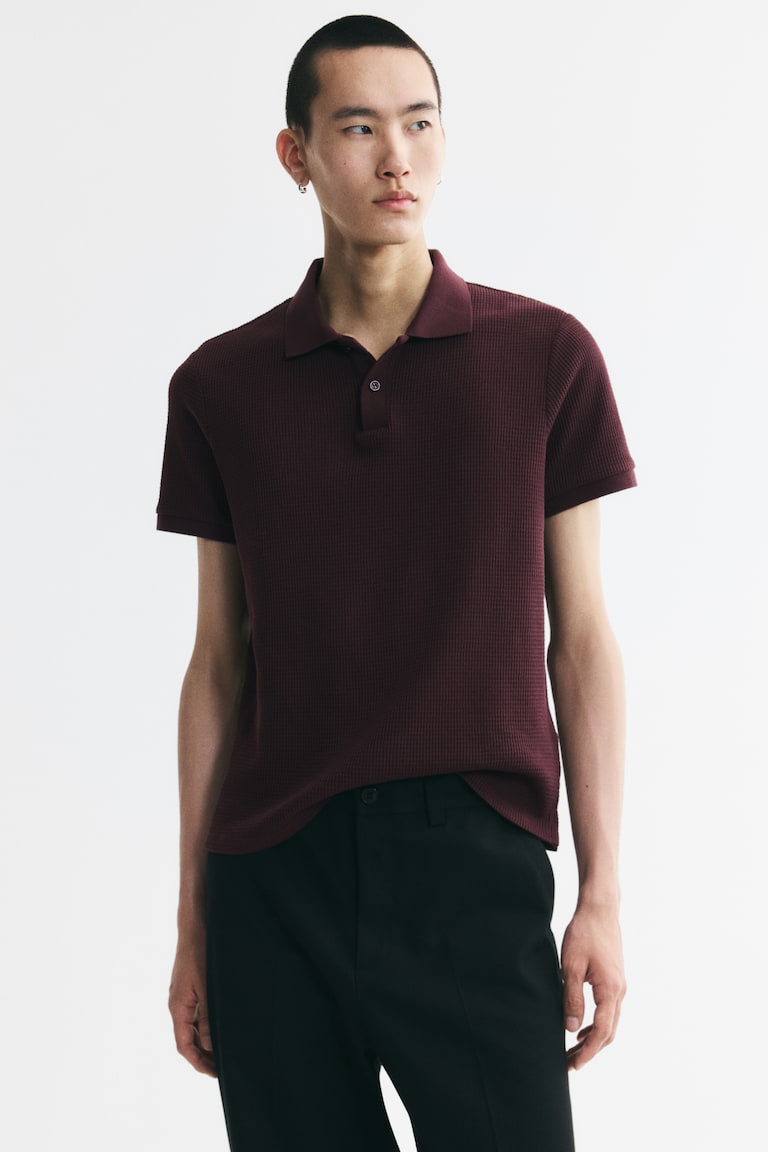 Men - Burgundy Slim-Fit Waffle-Knit Polo Shirt - Size: XS