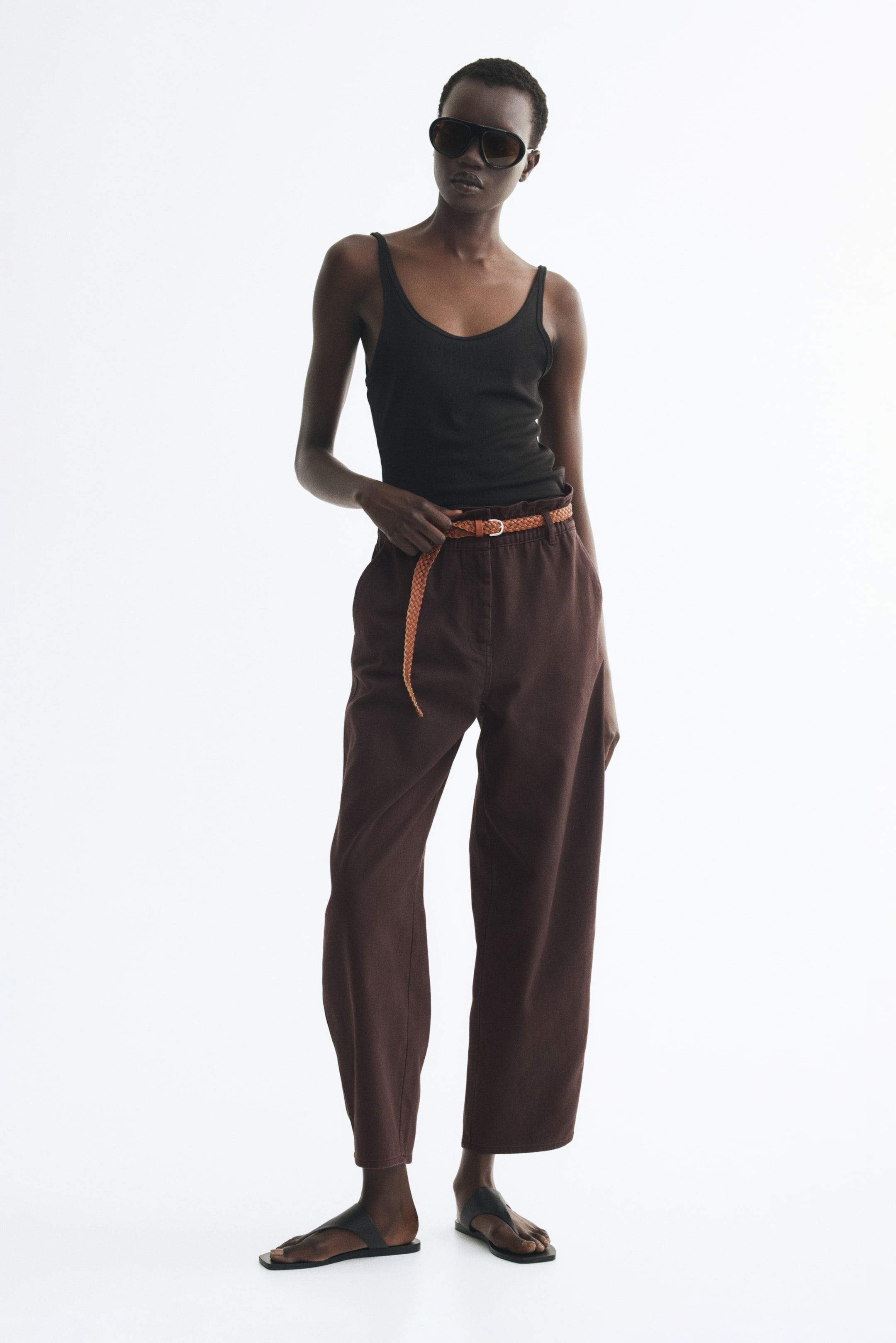 Belted Barrel-Leg Pants