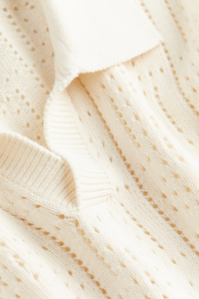 Loose Fit Crochet-look polo shirt - Cream - 4