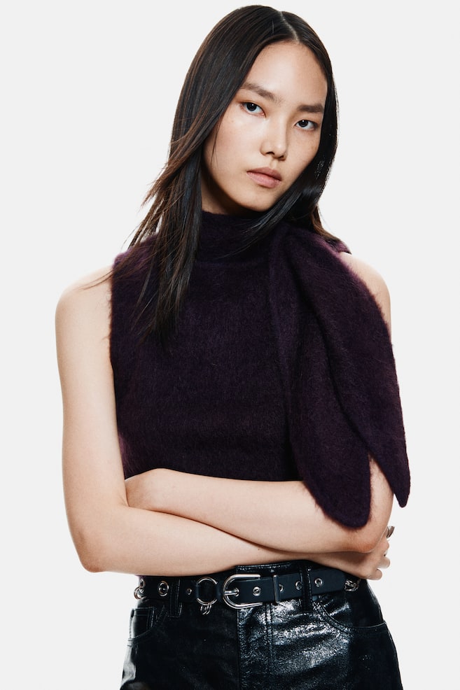 Top en mezcla de mohair con cuello fular - Morado/Gris/Diseño de rombos - 2