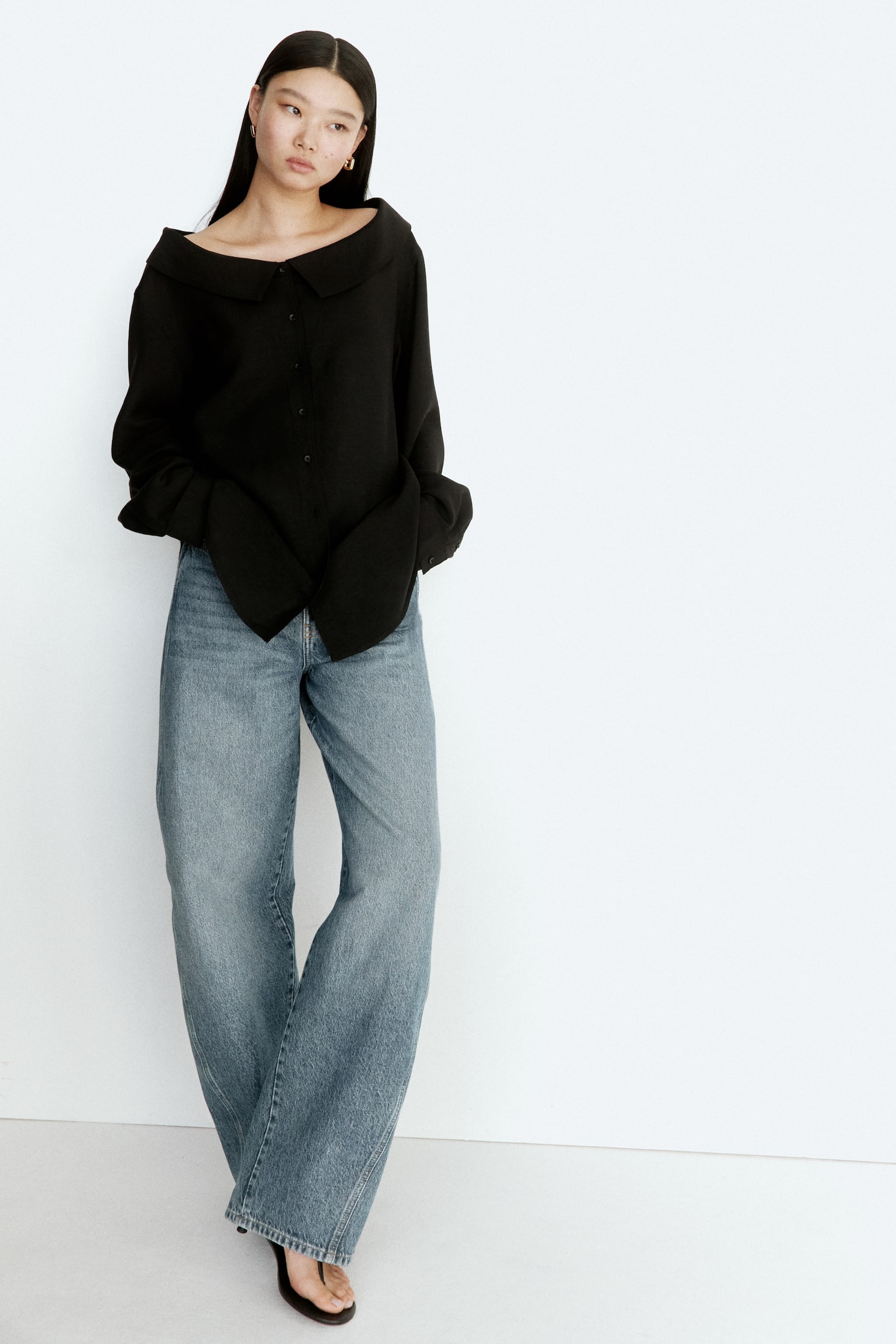 Linen-blend off-the-shoulder shirt - Black - 4