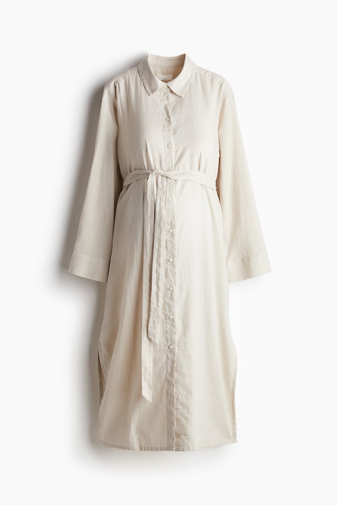 MAMA Linen Blend Shirt Dress - Light beige/White - 1