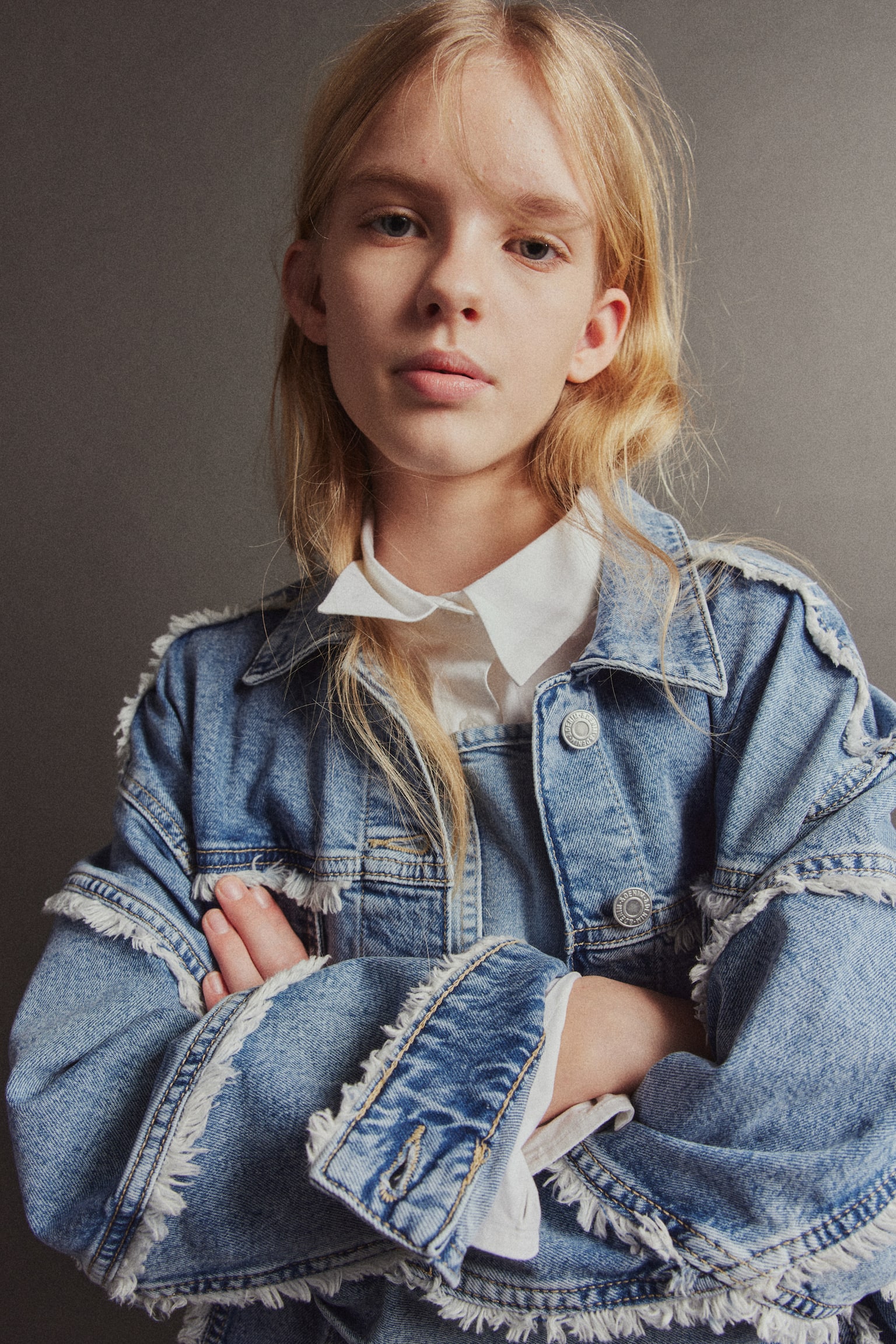 Oversized Frayed Edge Denim Jacket - Denim blue/White - 2